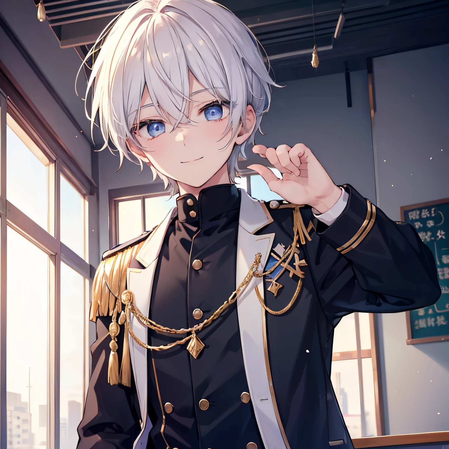 4K,8K,1boy,Gold Ash Hair,Hair is gold,Beautiful boy,Very beautiful eyes,Blue eyes,Wear a black uniform,school classrooms、snowfall.Raise one hand、Palms facing this way、With smiling eyes、morning、