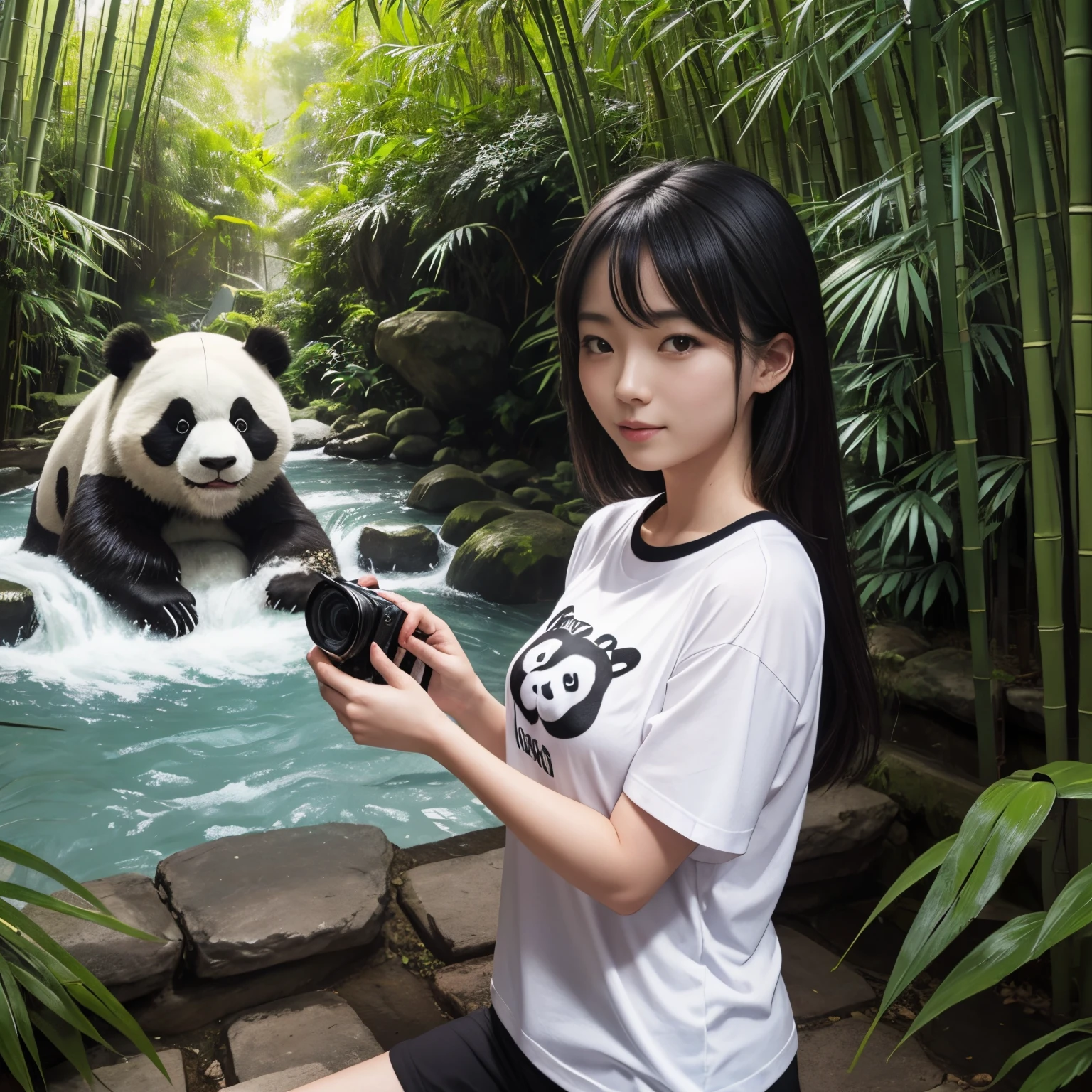 A beautiful white-skinned girl Wearing a fuschia color t-shirt is taking a photo with a panda close up in a bamboo garden with a clear river flow