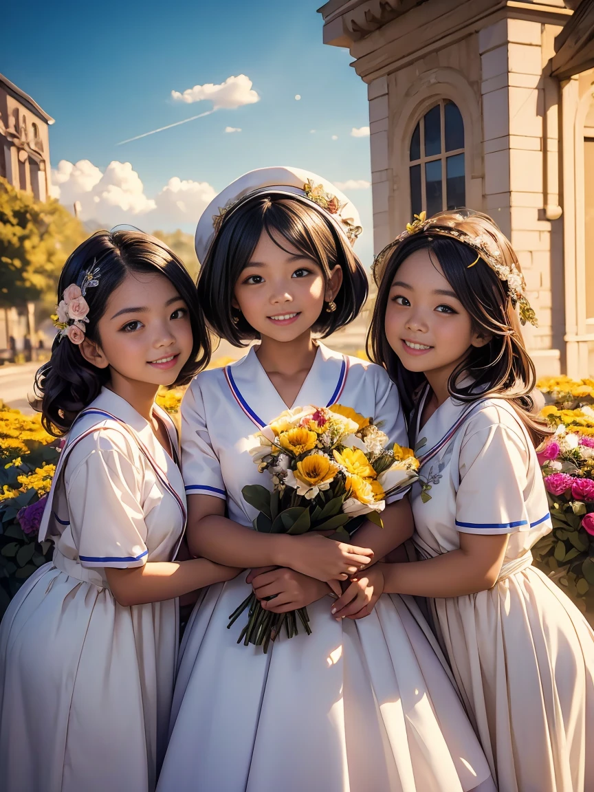 Three girl graduates wearing caps and gowns, smiling happily together for a group photo, holding a bouquet of flowers, the background of the sky, the scene of the school, in Temmie Chang's style, warm tones, animation, oil painting, Fernando Amosolo, lovely and colorful, long and deep distance, high detail, high quality --niji 5