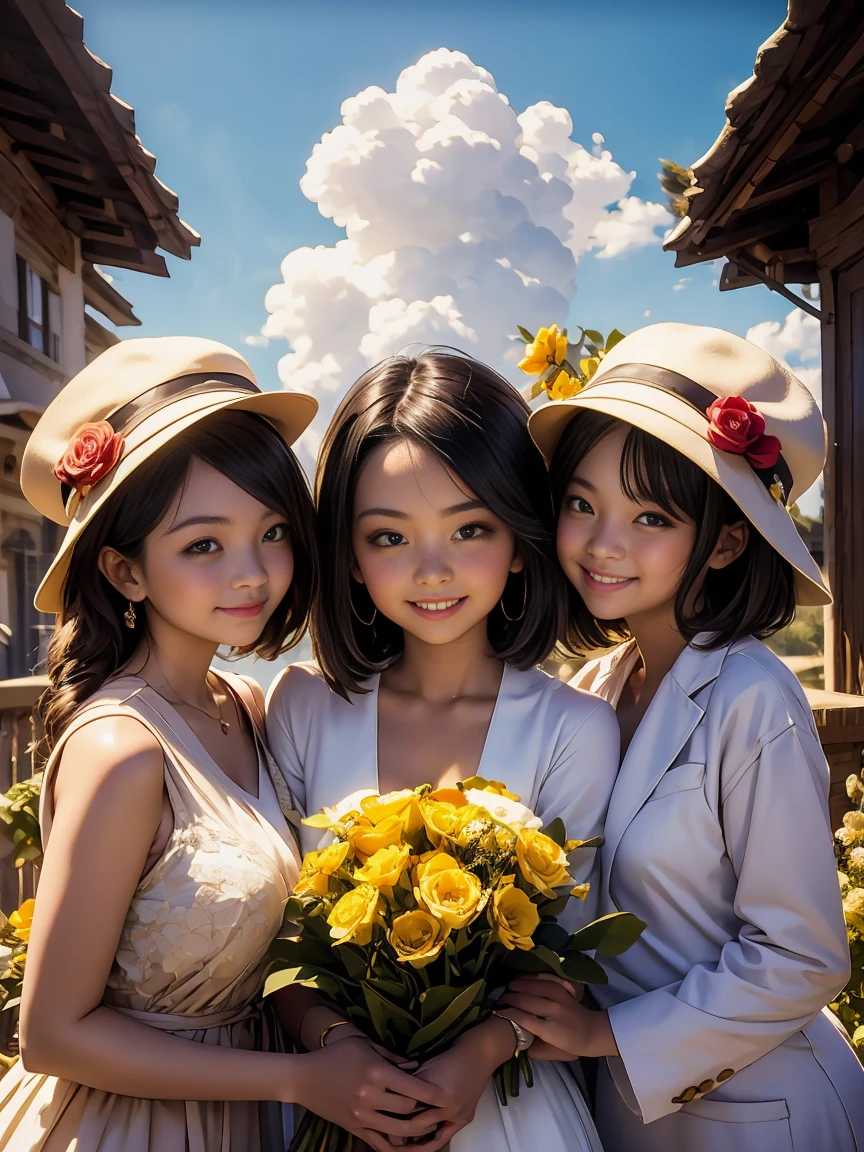 Three girl graduates wearing caps and gowns, smiling happily together for a group photo, holding a bouquet of flowers, the background of the sky, the scene of the school, in Temmie Chang's style, warm tones, animation, oil painting, Fernando Amosolo, lovely and colorful, long and deep distance, high detail, high quality --niji 5