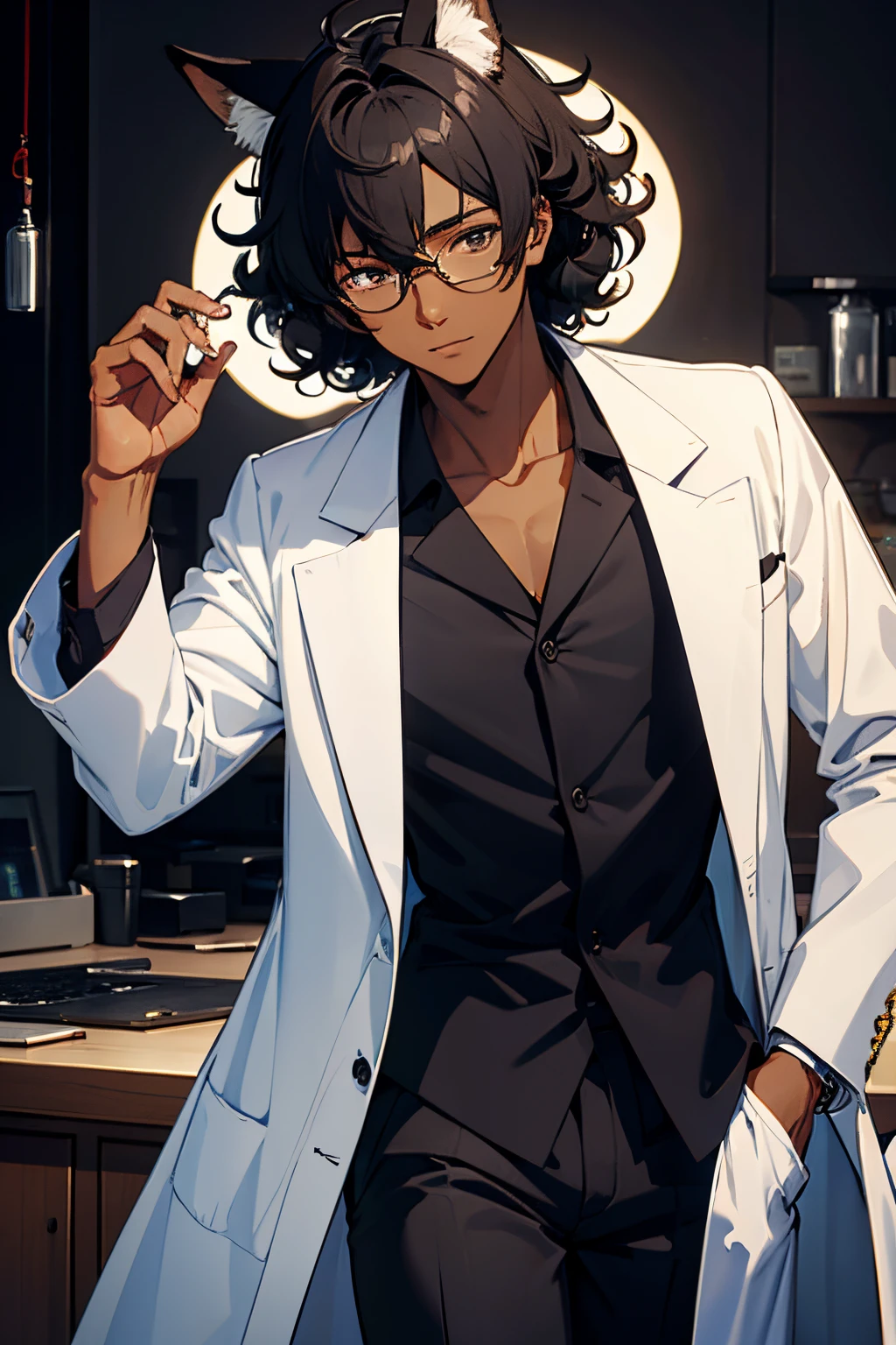 dark skin, male, glasses, lab coat, teenager, curly hair, fox ears, black hair