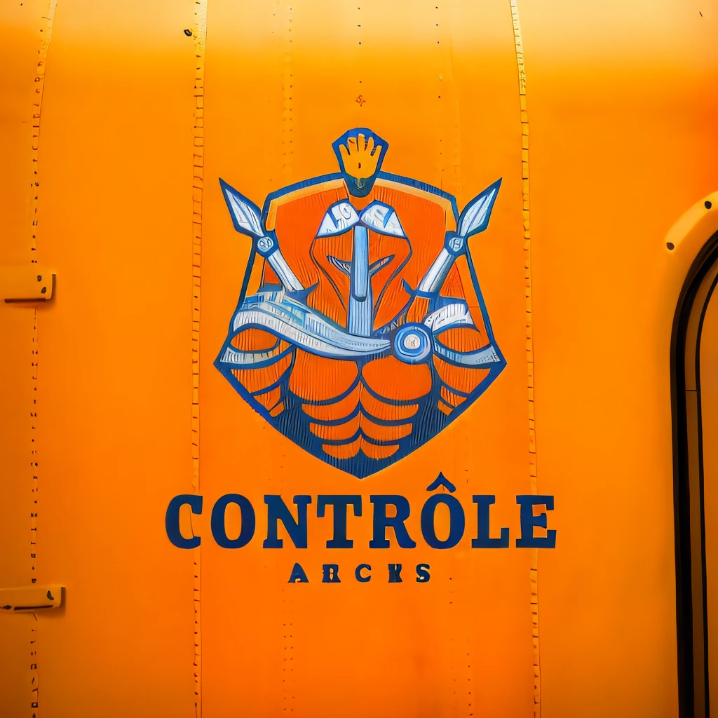 (a close up,ultra-detailed,highres,realistic:1.37) train on a track with a (circle logo,canvas:1.1), (orange color,vivid colors), and (french text,portraits:1.1) as "CONTROLE" and "D'ACCES"