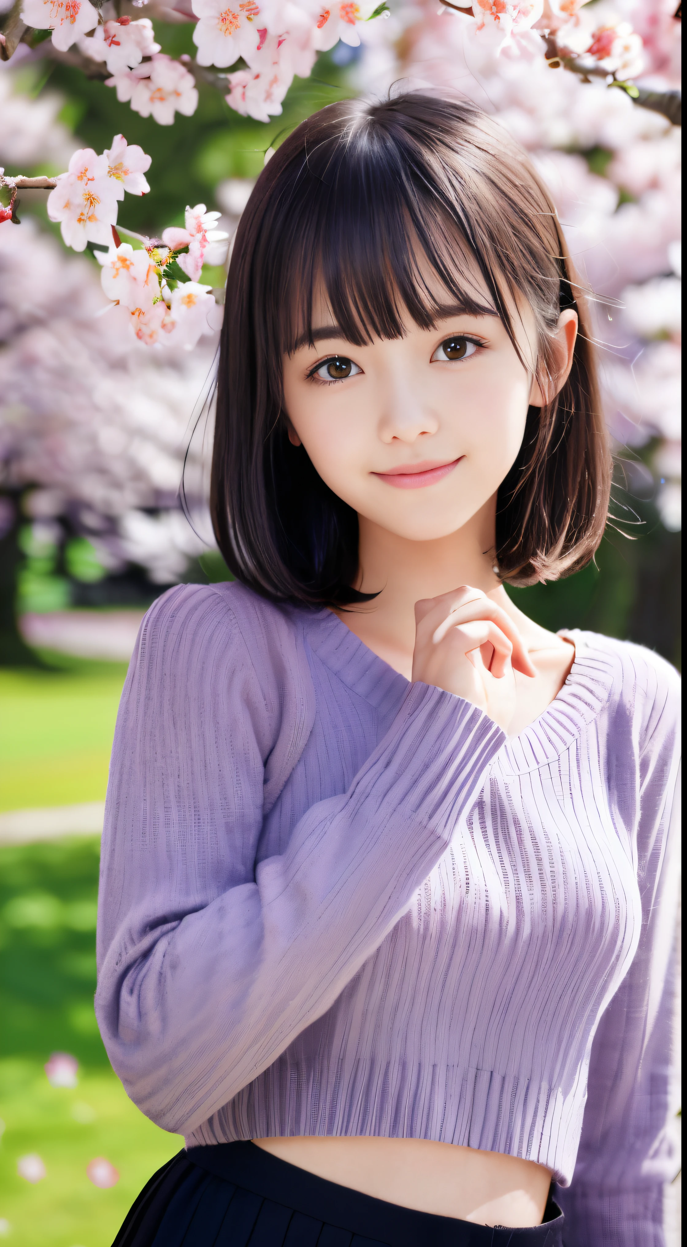 (Close up low angle shot of one slender small breasts half up hair with dull bangs girl in spring sweater and shirt and skirt :1.5)、(The girl open her arms wide and looking viewer with a small smile、the hair flutters with the wind :1.5)、(low  angle shot:1.5)、(Rows of cherry blossom trees in full bloom and cherry blossom petals dancing in the wind:1.5)、(Blurry background,:1.5)、(Perfect Anatomy:1.3)、(No mask:1.3)、(complete fingers:1.3)、Photorealistic、Photography、masutepiece、top-quality、High resolution, delicate and pretty、face perfect、Beautiful detailed eyes、Fair skin、Real Human Skin、pores、((thin legs))、(Dark hair)