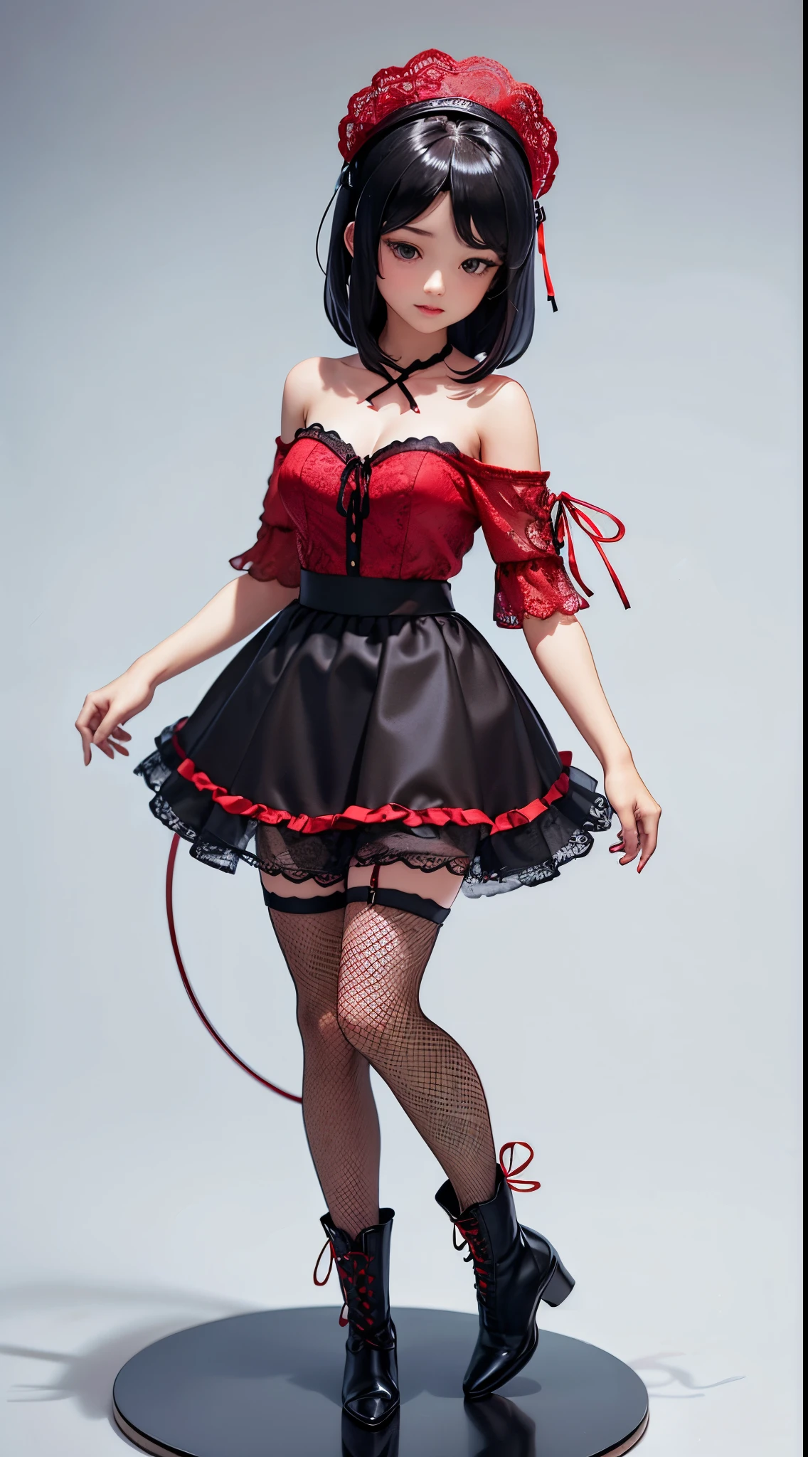 In a black off-the-shoulder tunic、Knee-length gathered skirt with red base covered with black lace。She has loosely curled black hair and a red ribbon headdress.、A figure wearing red lace-up short boots over black fishnet stockings