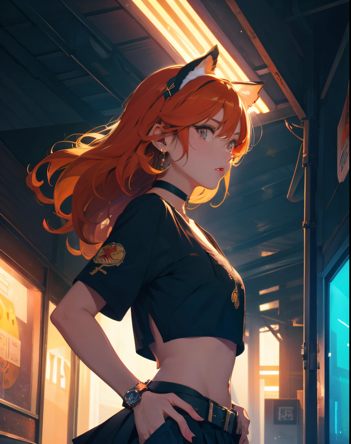 (masterpiece、top-quality、1girl、独奏、intricate detailes、chromatic abberation)、(realisitic)、(The skin)、(breathless)、(A dark-haired、bluntbangs)、Detailed hair、Red headdress、Blue Highlights、Hair above one eye、black eyes、small earring、sharp eye、a choker、((Black crop top))、(skirt by the)、(a belt)、open waist、(Symmetrical eyes)、(Perfectly symmetrical body)、natta、(((natural soft light)))、back lighting、gray walls、dim lighting、Watch your audience、((Center shot、from the front side、(Face and hips)))、top-quality, 4k wallpaper, masterpiece, extremely detailed CG 8k wallpaper unit, extremely detailed eye, ultra-detailliert, intricate detailes, 1girl in, retro artstyle, neon art style_Pop, public, outside of house, street signs, 城市,cyberpunked,hands in the pocket,curlyhair,Orange hair,Dark blue iris,middlebreasts,