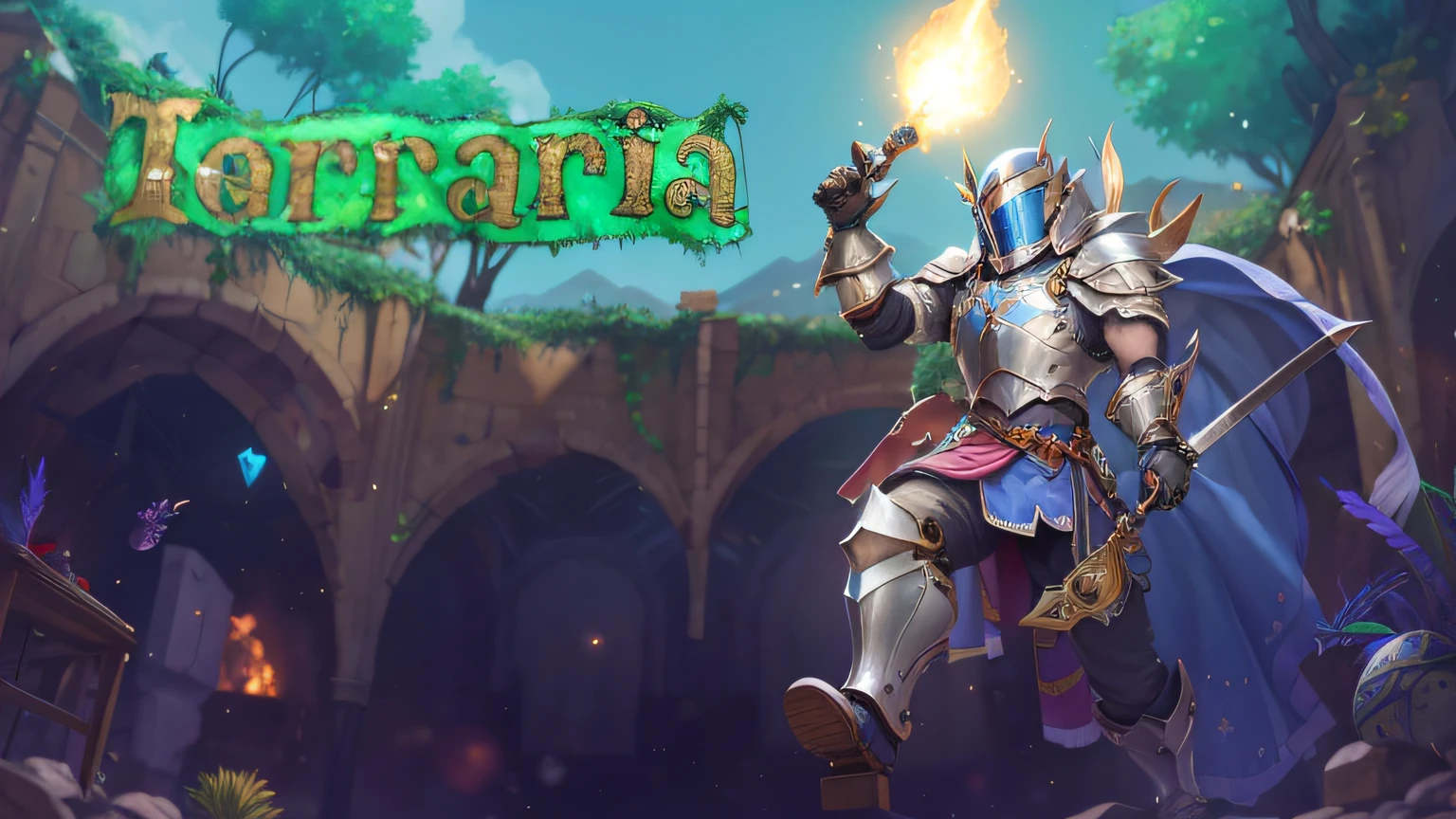 uma foto de um homem de armadura segurando uma espada e uma fogueira, Terrarium, jogo de rolagem lateral, coriolios rpg estilo de arte, Lateral - Rolagem 2D Platformer, 3 rd person action adventure rpg, Jogos de Sierra, jogo de rolagem lateral 2D, tela de carregamento, Arte Promocional, Sarah, rolagem lateral, arcadia, Banner, tela de carregamento"