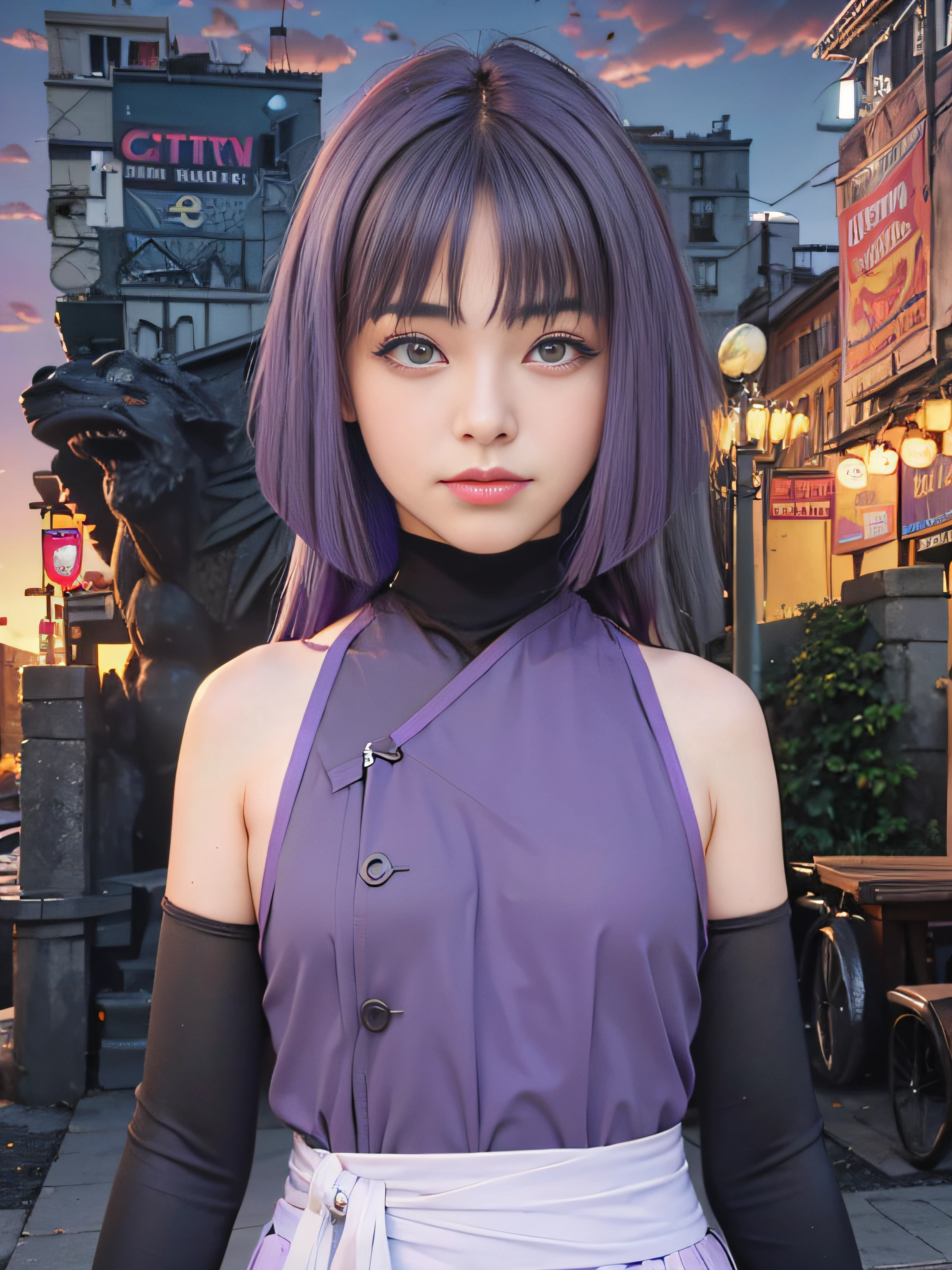 masterpiece, best quality, (realistic, photo-realistic:1.4), (RAW photo:1.2), extremely detailed CG unity 8k wallpaper, delicate and beautiful, amazing, finely detail, official art, absurdres, incredibly absurdres, huge filesize, ultra-detailed, extremely detailed, extremely detailed girl, extremely detailed eyes and face, light on face,(teen girl:1.7),little smile,hair bangs, short hair, sidelocks,,(purple hair:1.5),long hair,city background,sumire kakei