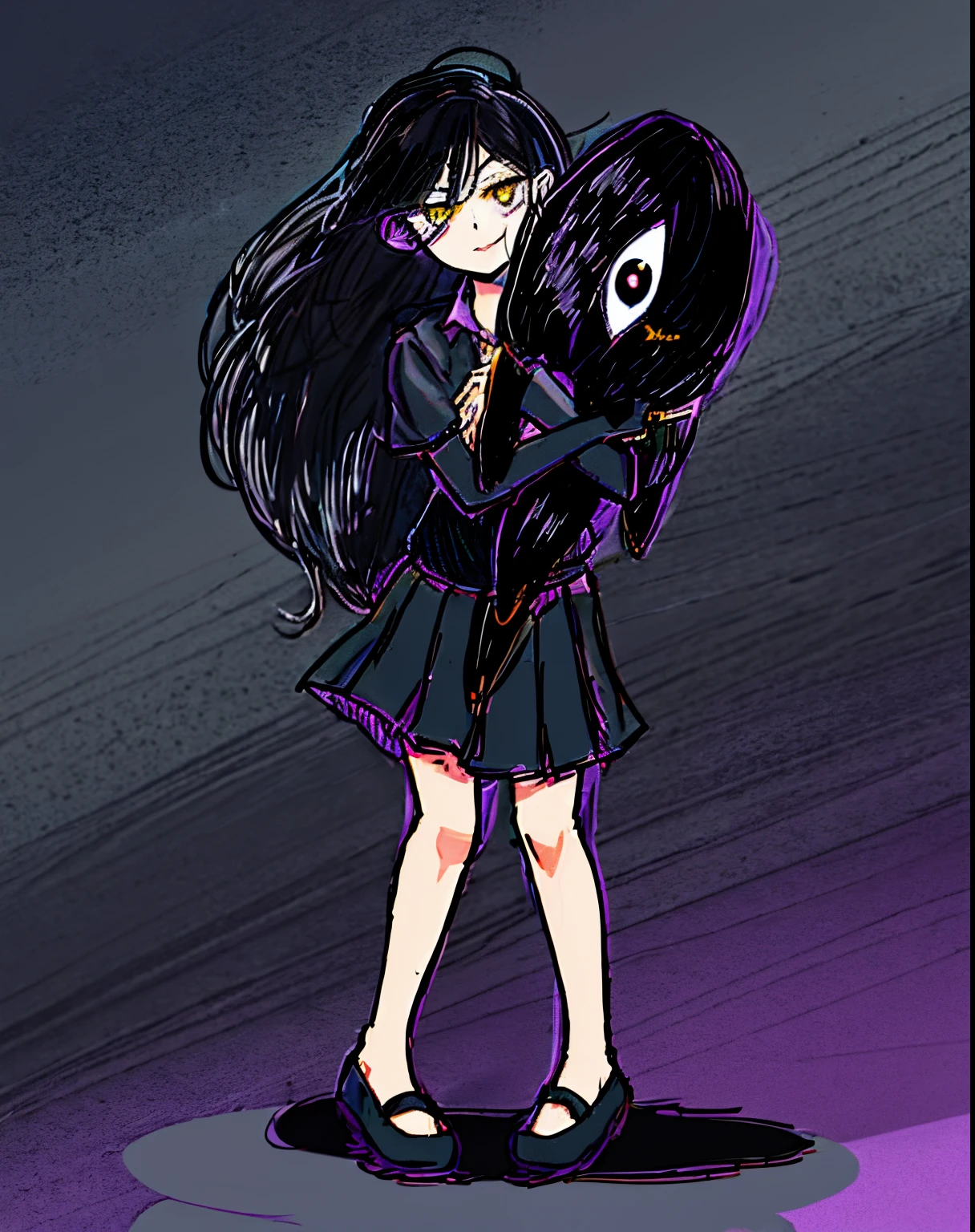 Drawing of girl holding black cat in arms, inspired by Ayako Rokkaku, roxo e preto, Kitagawa Marin fan art, girl with black hair, There is a crow on the shoulder, Daishou, She has black hair, Dream Diary, sorceress woman, raven black hair, Flat anime style, Marceline in adventure time