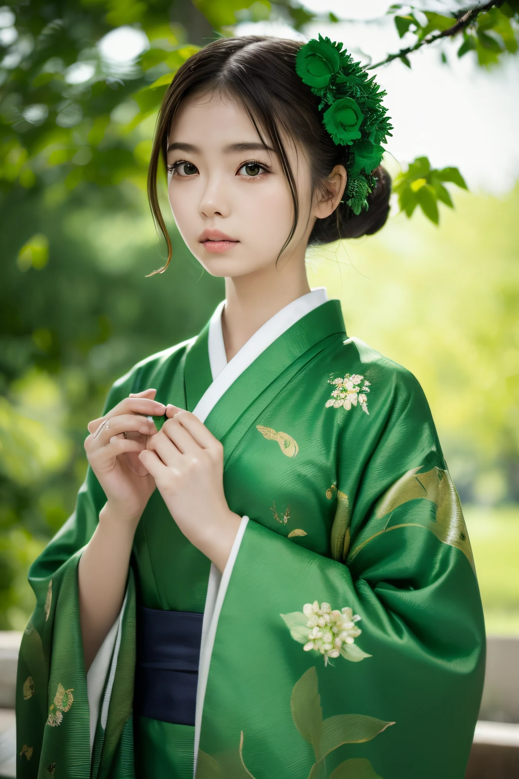 (((Green world:1.3)))、Best Quality, masutepiece, High resolution, (((1girl in))), sixteen years old,(((Eyes are green:1.3)))、Green kimono、((Deep green kimono with red floral pattern)), Tindall Effect, Realistic, Shadow Studio,Ultramarine Lighting, dual-tone lighting, (High Detail Skins: 1.2)、Pale colored lighting、Dark lighting、 Digital SLR, Photo, High resolution, 4K, 8K, Background blur,Fade out beautifully、Green world