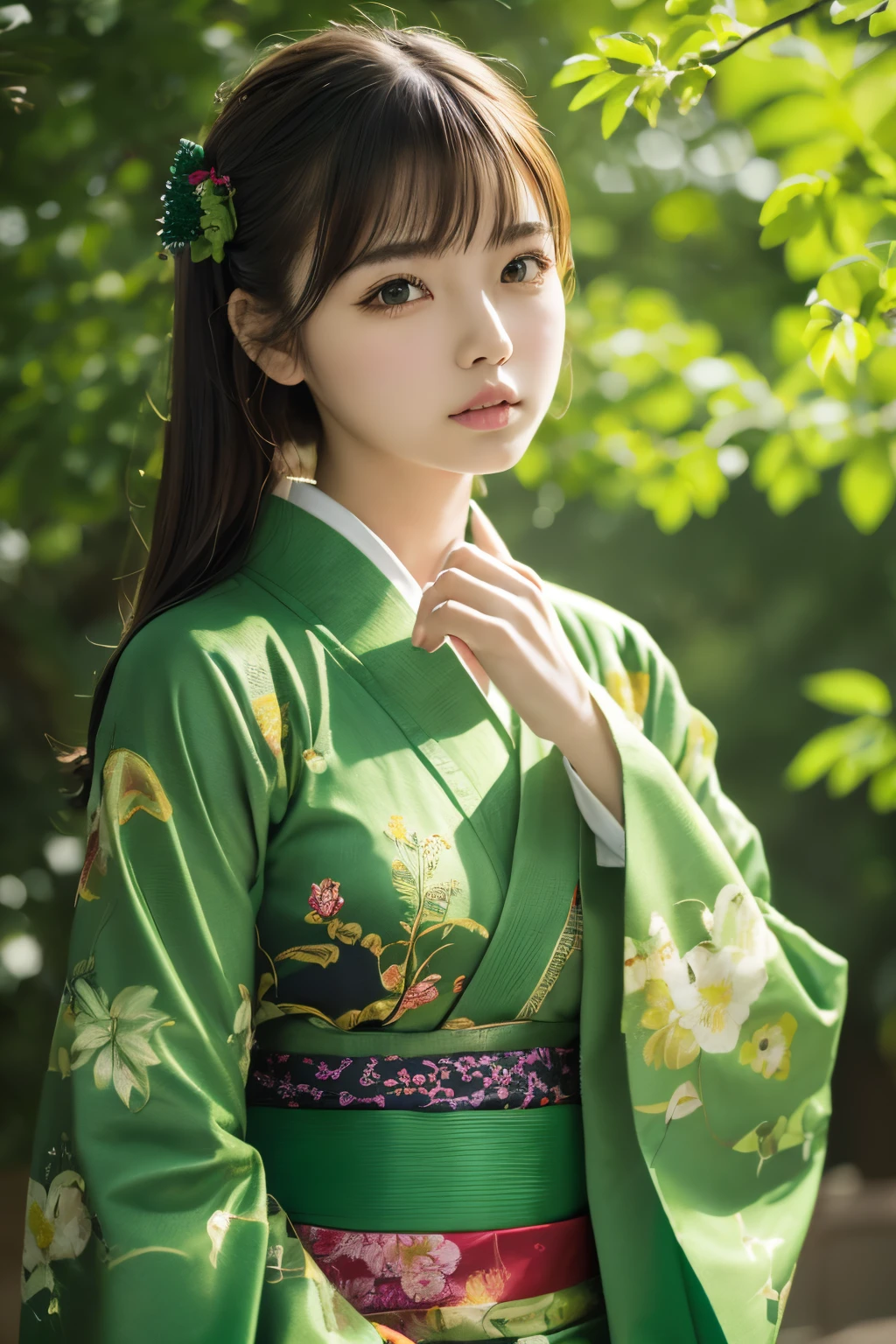 (((Green world:1.3)))、Best Quality, masutepiece, High resolution, (((1girl in))), ,(((Eyes are green:1.3)))、Green kimono、((Deep green kimono with red floral pattern)), Tindall Effect, Realistic, Shadow Studio,Ultramarine Lighting, dual-tone lighting, (High Detail Skins: 1.2)、Pale colored lighting、Dark lighting、 Digital SLR, Photo, High resolution, 4K, 8K, Background blur,Fade out beautifully、Green world