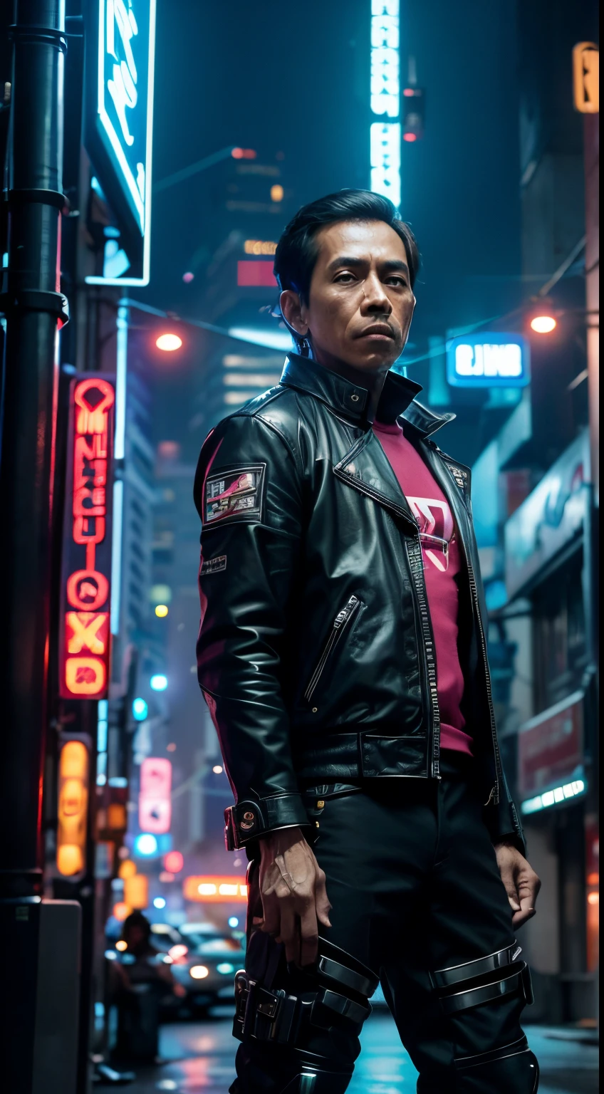 cyber punk Jokowi Indonesian,(top-quality、8K、32K、​masterpiece)、(The ultra -The high-definition)、(Photorealsitic:1.4), dynamic pose, cowboy shot, cyberpunk fashion,depth of fields, cyberpunk city background, cinematic lighting.