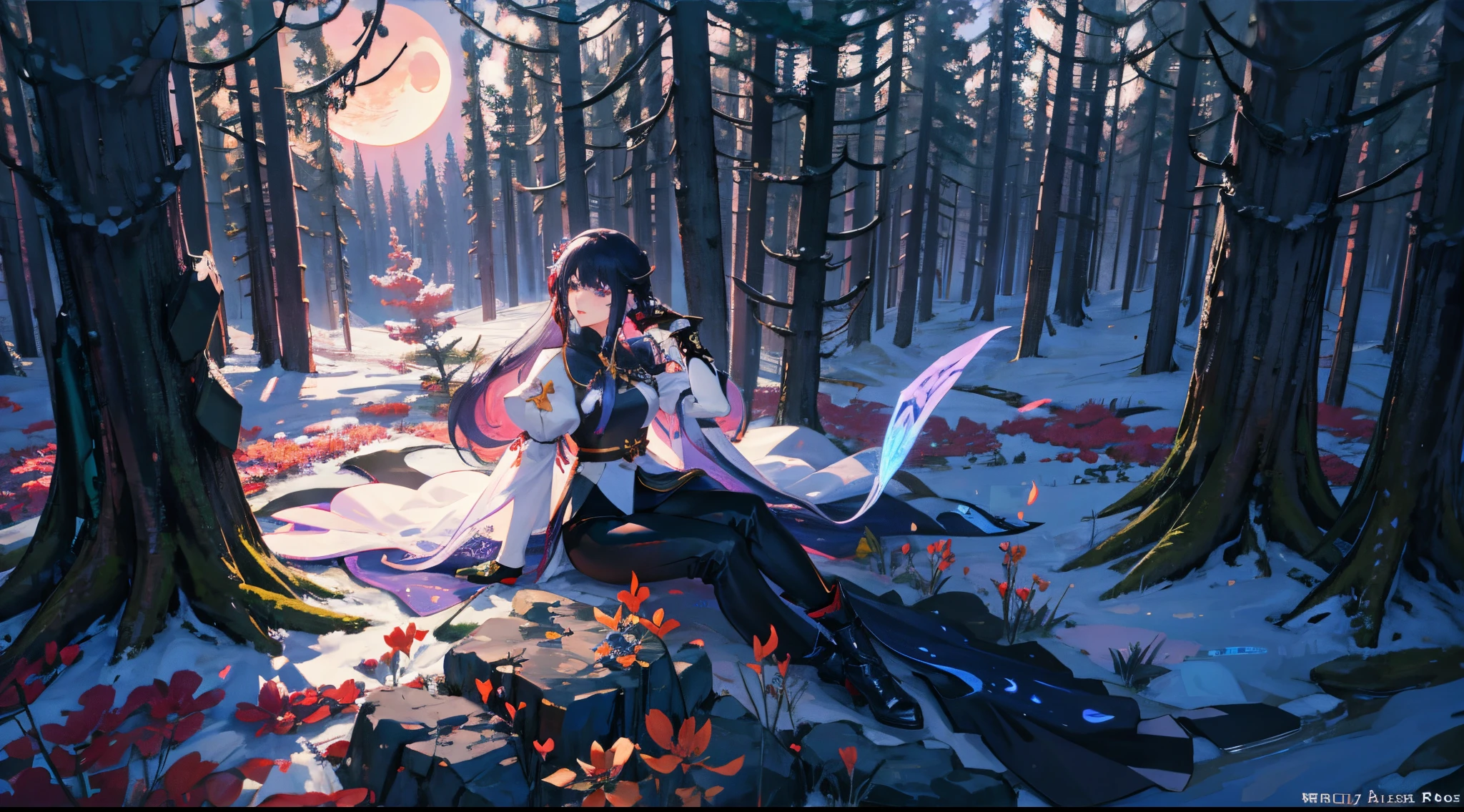 a picture of a woman with black mid lenth hair holding a lance, fantasy art style, trending on artstation pixiv, epic fantasy art style, fanart best artstation, fantasy character design, fantasy style art, (high quality character design:0,5), detailed anime character art, character design art, detailed digital 2d fantasy art, Divine:1, better quality, 8k, full body, white background, solo, 1girl, expressive eyes, genshin inspired clothes, forest themed, forest background, coming out of forest, lance with lantern on top, lycoris flowers in foreground, puffy sleeves, tight black pants, lavender cape, moody colors, moonlight