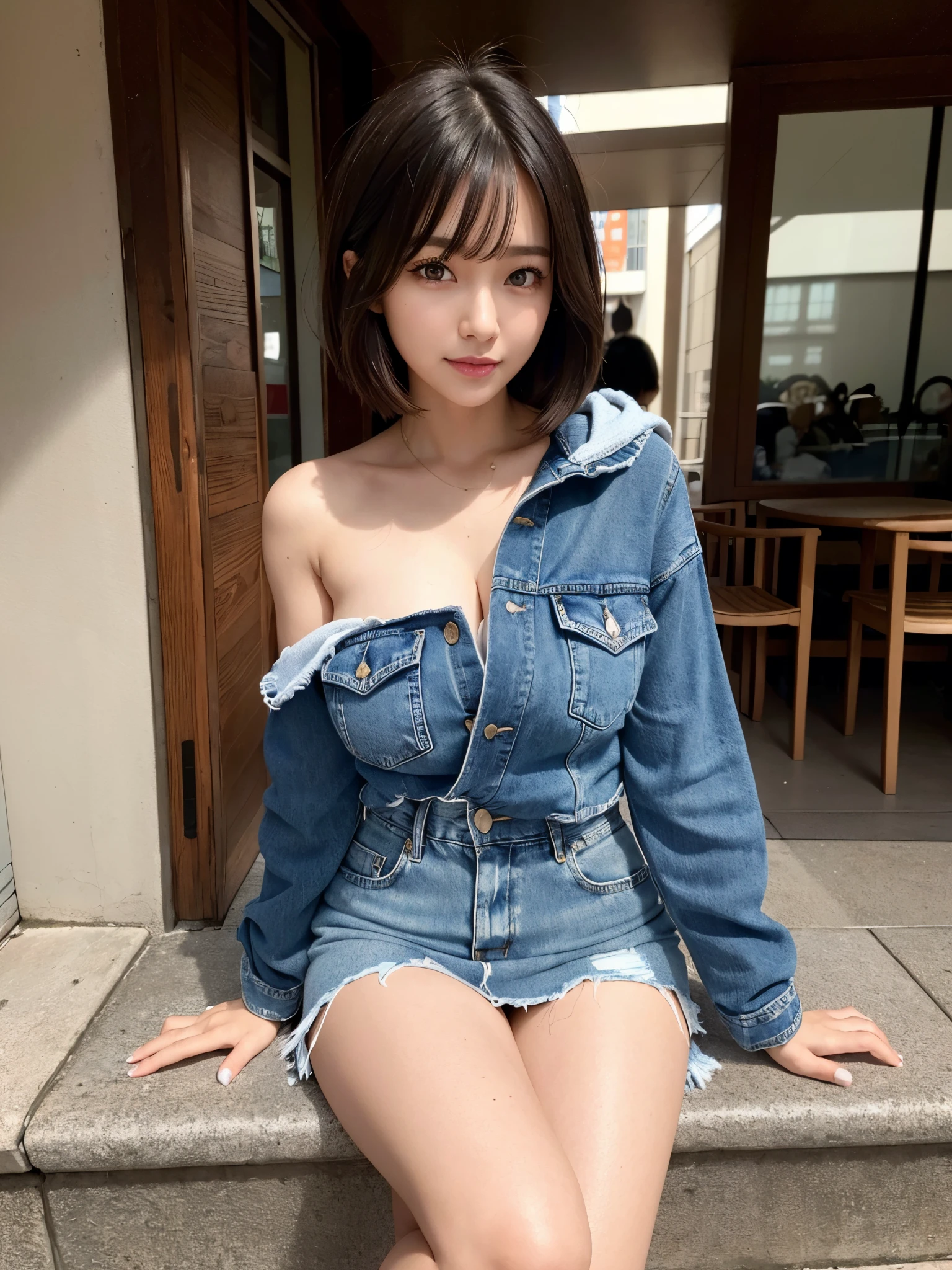 ((masterpiece)), ((best quality)), (ultra-detailed), realistic, real, 1girl, solo, dynamic angle0, looking at viewer, cowboy shot,,a Japanese young pretty woman, long bob hair, In the urban streets in autumn, Stylish cafe on a date, off-the-shoulder knit top and denim mini skirt, casual yet stylish, sneakers or boots on the feet, hoodie or denim jacket ,glamorous figure, a big smile,((beautiful eyes)), large breast0, hyper cute face, glossy lips, Perfect double eyelids in both eyes, natural makeup, long eyelashes, shiny smooth light brown long bob hair, asymmetrical bangs, shiny skin, central image, high resolution, high detail, insanely detailed,detailed hairstyle, detailed face, spectacular cinematic lighting, octane rendering, vibrant, hyper realistic, perfect limbs, perfect anatomy