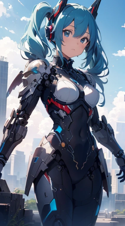 hatunemiku VOCALOID, twintail, turquoise hair, mecha, 1girl, cyberpunk, realistic, mechanical parts, robot joints, headgear, full armor, high heels, armor color{{{{white}}}}, beautiful art, ((((masterpiece, high quality, very_high_resolution, anime colored, Elaborate design, high quality))))