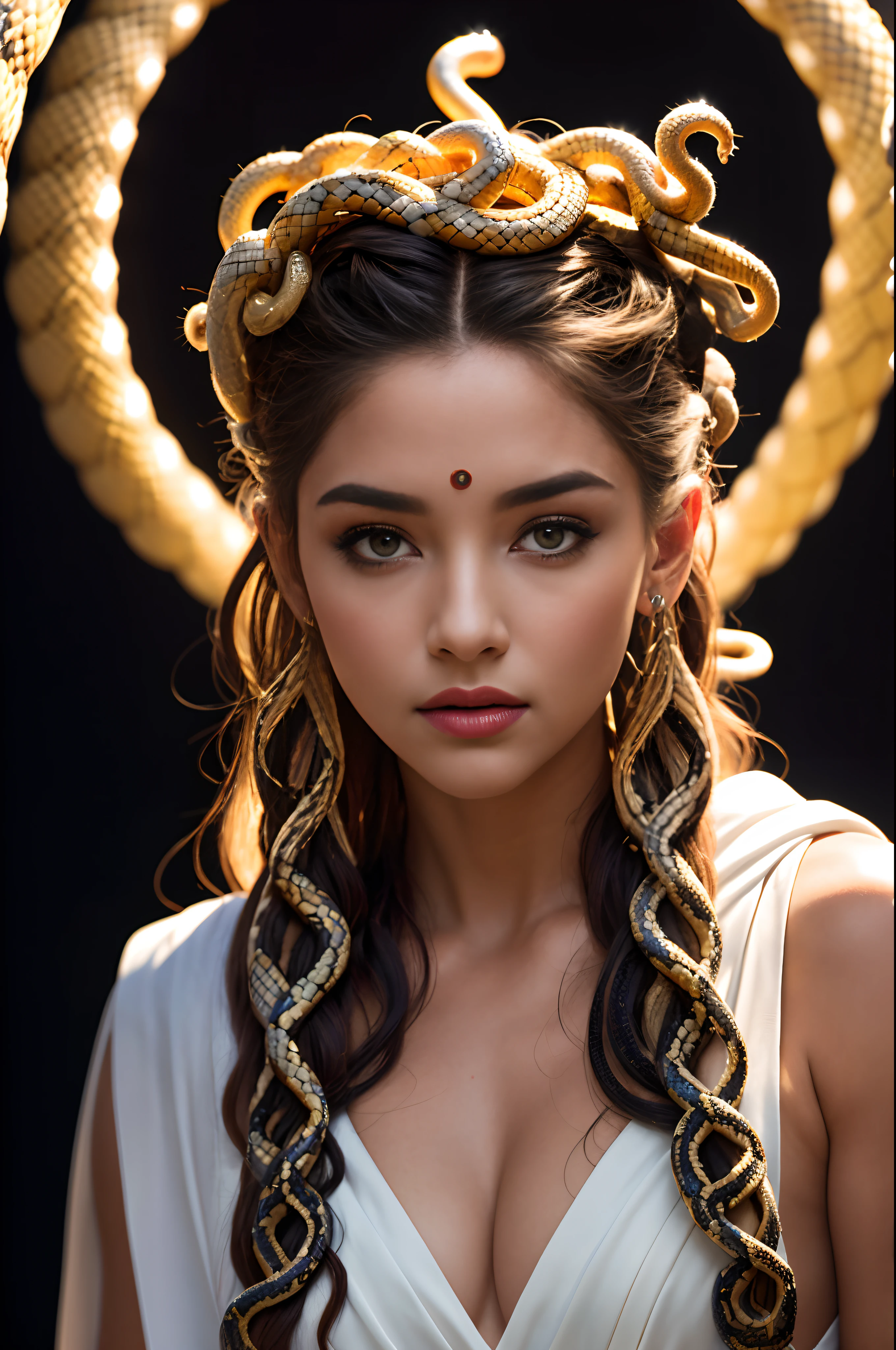 A beauttiful medusa wearing a white toga, snakes for hair, best quality masterpiece, realistic photo, intricately detailed, 8k, HDR, shallow depth of field, wide light, high contrast, backlight, light flares, chromatic aberration, sharp focus, RAW color photo, looking at the camera, various poses