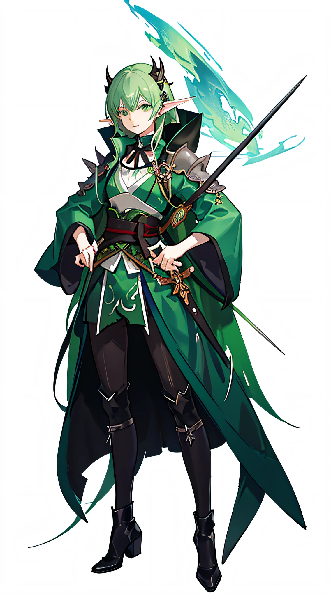 Close-up of a man wearing green clothes and wings, Demon Slayer: Rui fan art, character design contest winner, demon slayer artstyle, Great character design, character full body portrait, Highly detailed character design, Elf girl in floral suit, character artwork, onmyoji detailed art, botw style, character design art, Portrait of a forest mage, female earth mage