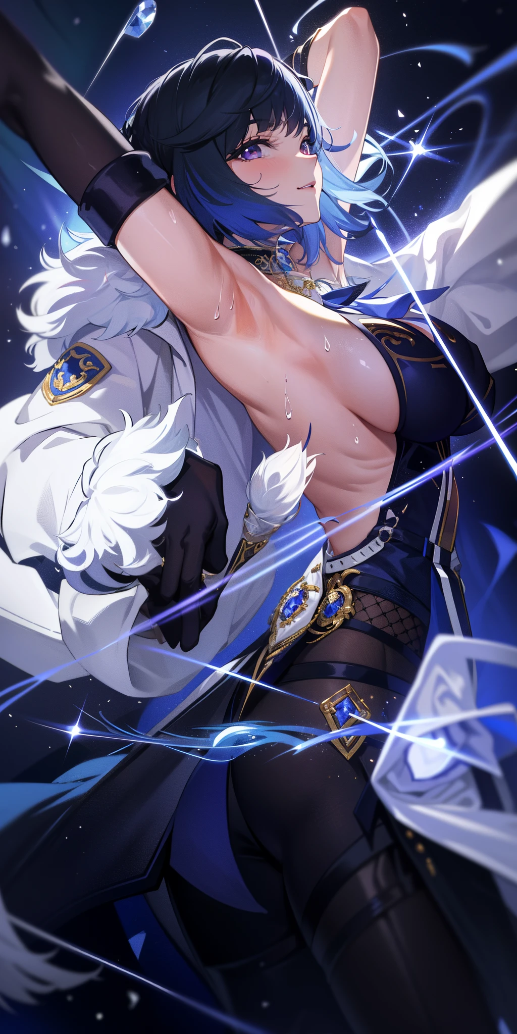 masterpiece, top-quality, Yelang V4, 1girl in, 独奏, looking at the viewers, red blush, A smile, large full breasts, gloves, doress, cleavage of the breast, jewely, verd s eyes, jaket, 耳Nipple Ring, hairarmpits, Fur trim, a blue dress, White jacket, tassels, arms behind back, pelvis curtain, mole in breast, Shoulder jacket, eyesight(GenshinImpact), Purple lips, reason，cool lady，Female sexy，Sharp eyes，put both arms behind your head，Armpit sweat，Sweat on the chest，thick thighs，Do not put your arms through the jacket sleeves，