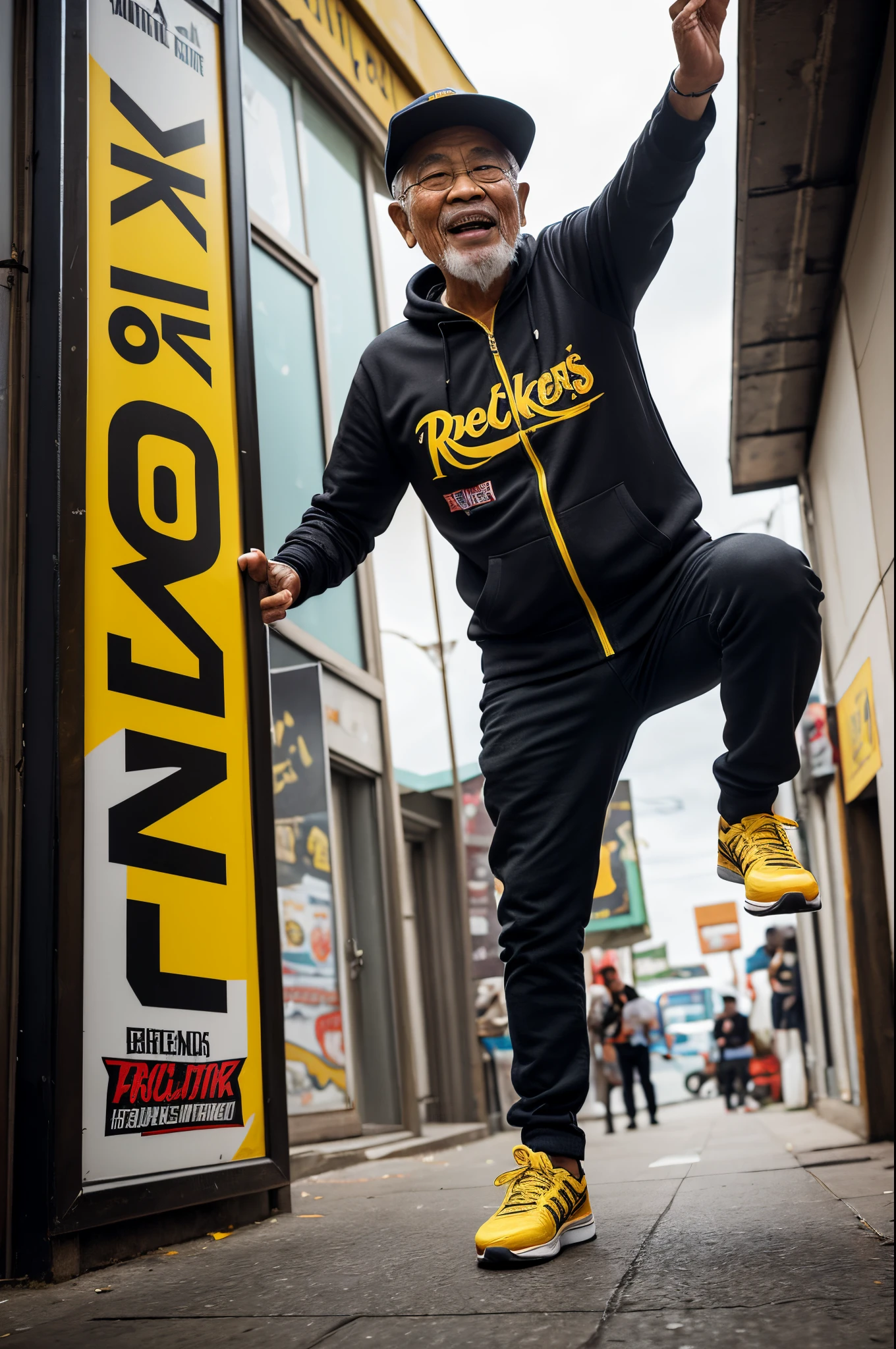 Design an photorealistic advertisement poster featuring a sprightly Malay old man in rockers outfit energetically engaging in sports like skateboarding or mountain biking while holding a energy drink can, with a comically exaggerated expression of excitement, while holding an energy drink bottle with big power logo on drink label, golden yellow drink can, high quality, ultra detail, 4k, cinematic lighting, dramatic,