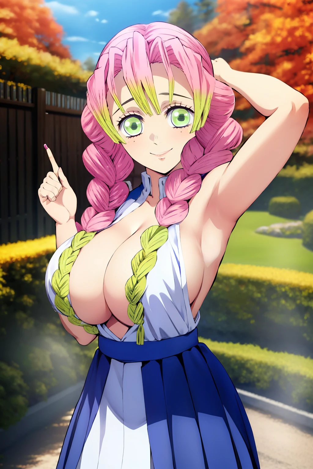 (obra maestra, mejor calidad), 1chica, MitsuriKanroji, deslumbrante, sonrisa, breast, armpits, hashira outfit, smiling