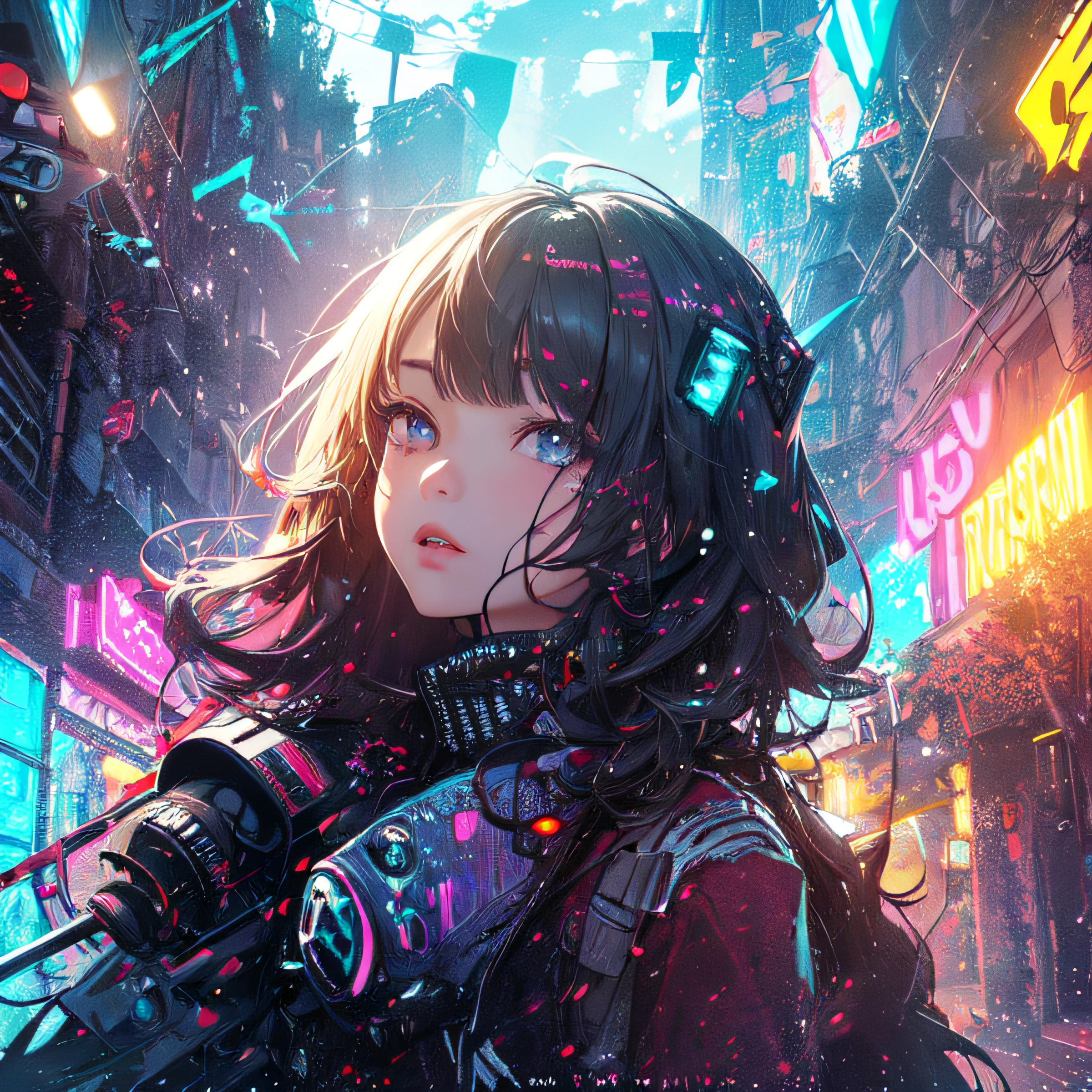 (masterpiece、top-quality、top-quality、Official art、ighly detailed、Beautifully Aesthetic:1.2)、(1girl in)、(Fractal Art:1.3)、Random hairstyle、Random hair color colorful、FULL BODYSHOT、(CyberpunkTThe shirt)、animesque、head-mounted displays、neon light detail、Intuitive、City of the Future、sharp、Precise focus、randome pose、cyberpunkcity、street neon lights、insta photo、photo of the year、cinema4d、Dramatic、