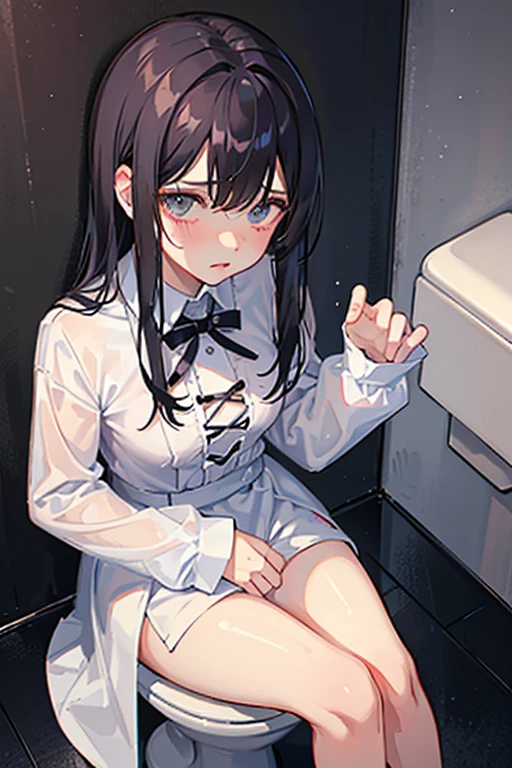 8K、Highest image quality、highest quality、masterpiece)、detailed face、1 girl、black hair、Length to shoulder、twintails、blunt bangs、open mouth、blush、A  that sheds tears、((white shirt))、((naked lower body))、white socks、sit on the toilet、caughtpeeing、POV、Taken from above、toilet background、((nsfw))
