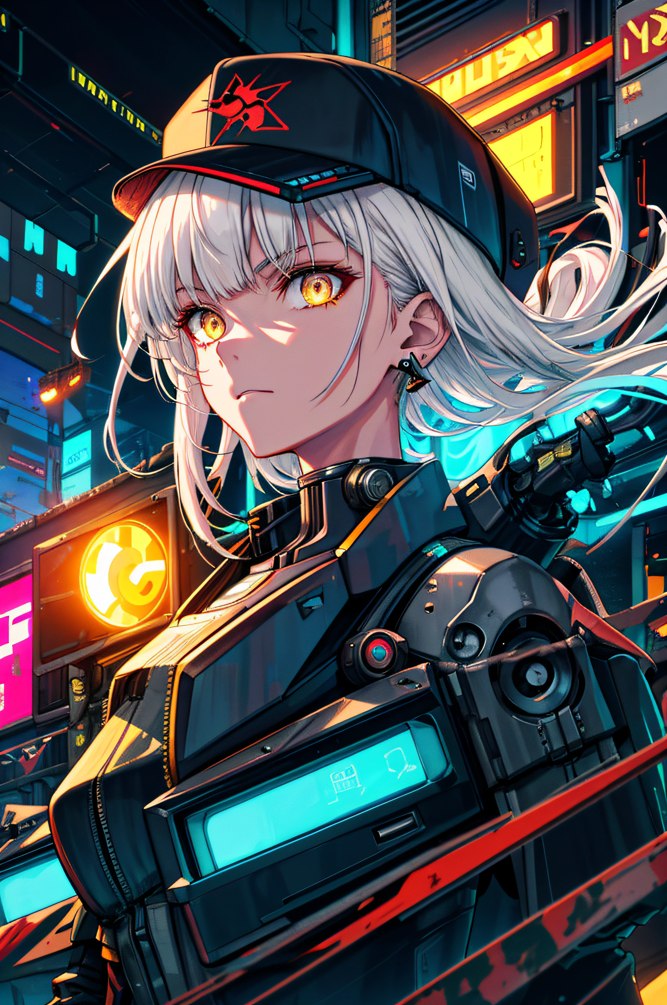 1 girl, Solo, Colorful, Yellow eyes, Cyberpunk, mechanical scrap zone, Wasteland, Stud earrings, semi-mechanical face, White hair, Mechanical Hat, Robotic arm, mechs, droid, mechanical maiden, neon light, Beautiful lights, Character Focus, CG Illustration, bustshot, White collar jacket, 8K resolution, Very detailed, Anatomically correct, Digital Painting, Concept art, Clear picture