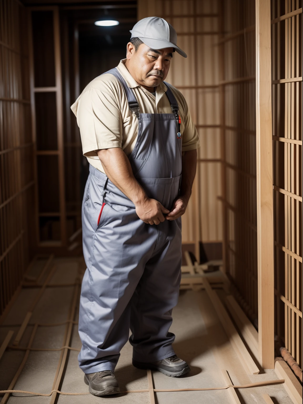 Thick Japan middle-aged man in his 50s, 1man, dwarfism, manual worker, Standing look down with shrugs, hands between legs, waddle, crew cut, Wearing a Light gray Construction site work clothes, coverall clothes, Bare legs, shy, tearful, sob, Bowleg, Toilet at construction site, a picture, high detail photo, Masterpiece