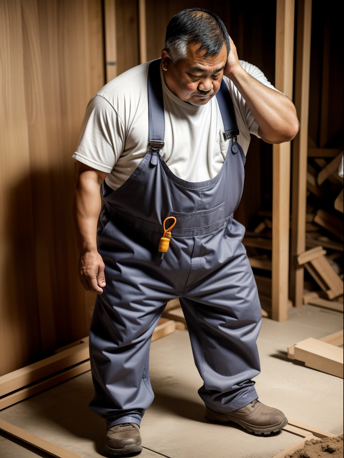 Thick Japan middle-aged man in his 50s, 1man, dwarfism, manual worker, Standing look down with shrugs, hands between legs, waddle, crew cut, Wearing a Light gray Construction site work clothes, coverall clothes, Bare legs, shy, tearful, sob, Bowleg, Toilet at construction site, a picture, high detail photo, Masterpiece