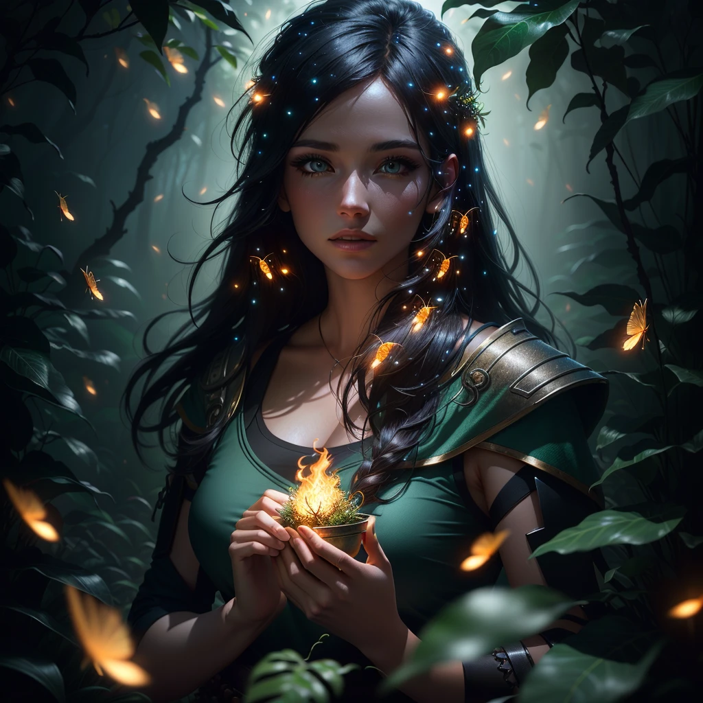 woman in jungle surrounded by fireflies, Fantasy, Octane render, Cinematic lighting, Macro photography, Macro lens, Close up, Highly detailed