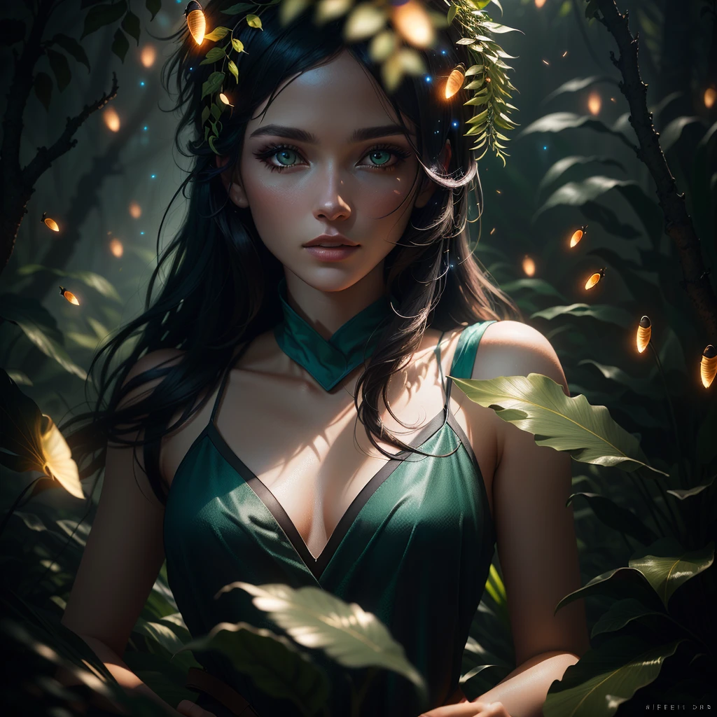 a portrait of a elf girl with freckles and bright striking blue eyes posing for a photo,full body, bare shoulders, muscular, fit, defined abs, thongs, (prominent cameltoe) white freckles, long flowing green hair flying, glowing radiance, beautiful pale makeup, color portrait, stunning portrait, elegant freckles, wearing black thongs with glowing runes of power, black gloves, star-shine, gold dust spread across her skin and her face, (dark, hyper-realistic photos (((portrait))) refraction ,Dark background of magical night forest, deep woods, towering ruins, starlight skies, A mystical and epic landscape, featuring a fantastical and surreal world of floating islands, giant trees, and mythical creatures, that transport the viewer to a world of imagination and wonder, artstation, digital art, intricate, trending, bright colors suitable for viewing in public places A masterpiece, the best quality, stunning reflections, the best reflections ever. (very detailed CG unity 8k wallpapers), (best quality), (best illustrations), (best shadows), forest theme with natural elements. Tall trees, quiet streams, small glowing mushrooms surrounded by delicate leaves and branches, with fireflies and glowing particle effects,, (natural elements), (jungle theme), (leaves), (twigs), (fireflies), butterflies, (delicate leaves), (glow), (particle effects). , Isometric 3D, Octane Rendering, Ray Traced, Super Detailed