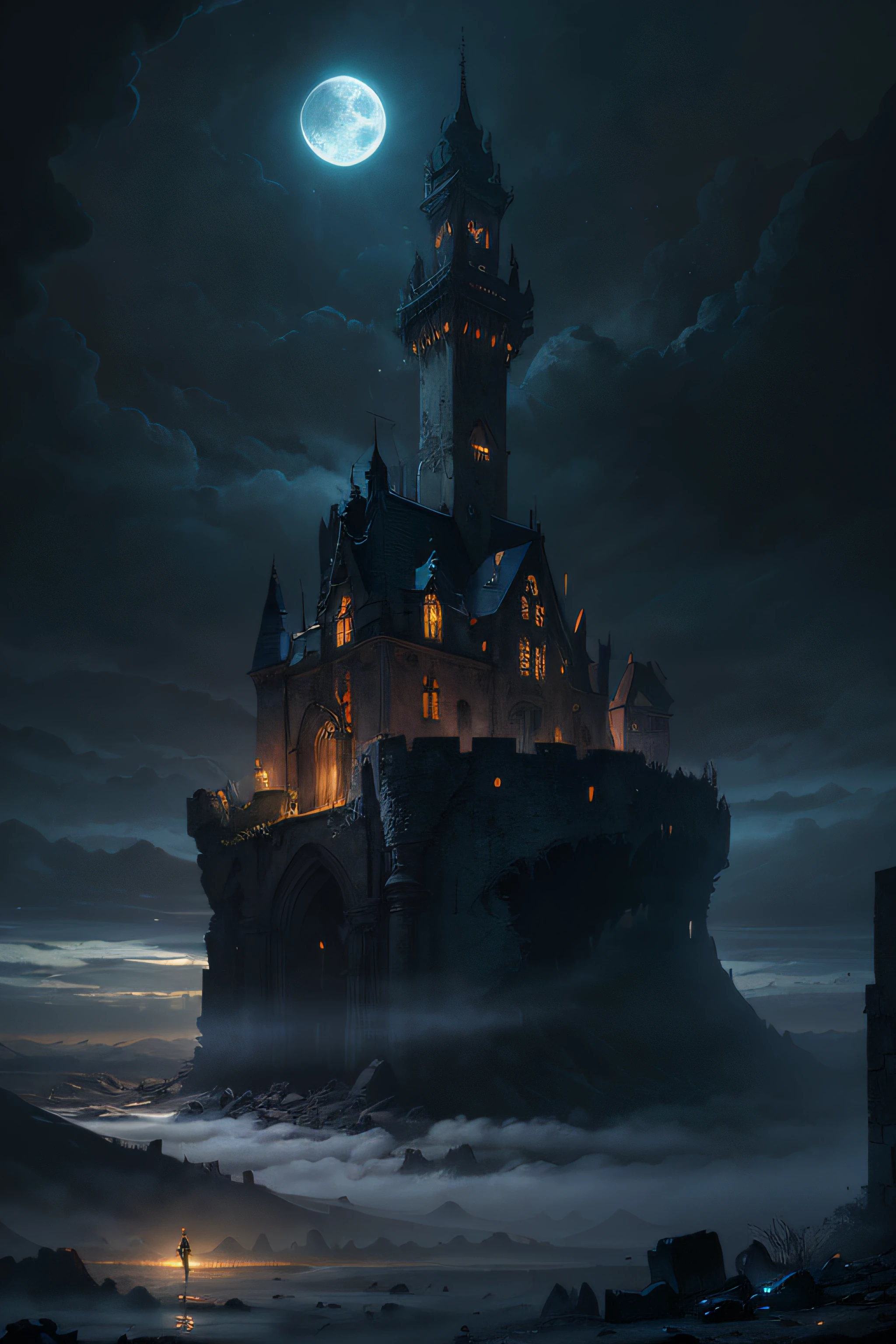 Dreamlike art absurd high resolution masterpiece highest quality,Alois Arnegar Antoine Blanchard,town castle forest sea sky clouds,ancient castle landscape, (Mysterious black fog), (dilapidated), absurdity, Realistic lighting, (abyss) masutepiece, High quality, Beautiful graphics, high detailing, Myao Bishenghua , Clouds, Wind, stone fragment, Night, Moonlight, beautiful detailed ruins, [(Black background:1.5)::5], painted as a game concept art, library of ruina concept art, Matte Painting Concept Art, Doom Eternal Concept Art, Environmental painting, falls, Monster corpses as the foundation of a castle, Concept art ， highly rendered, Landscape game concept art, monster corpse castle