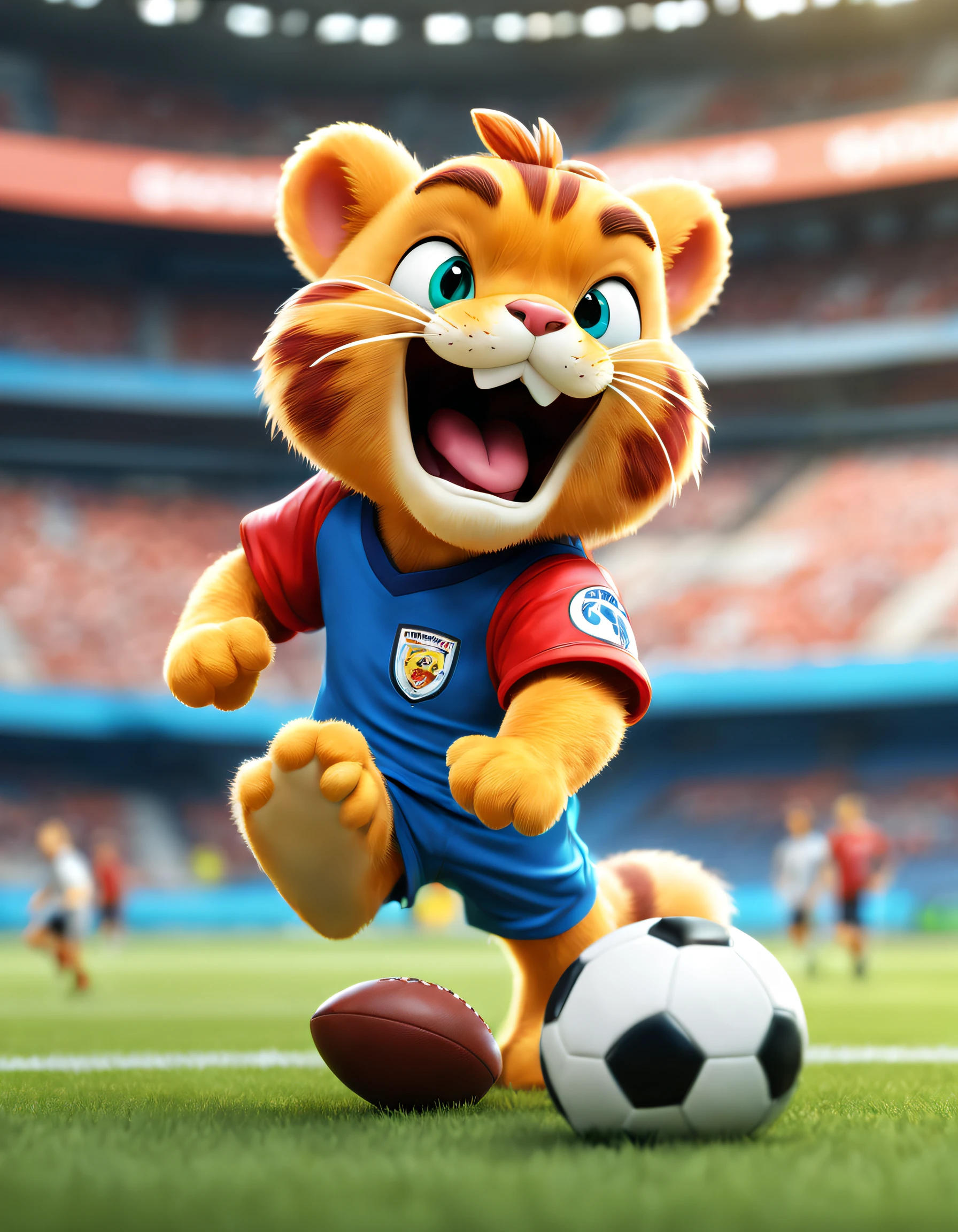 style of anime, motionblur, ray traycing, vignetting, tmasterpiece, super detailing, high detal, high high quality, Award-Awarded, A high resolution, 8K， 
(There is a Garfield playing football), （Shooting action）, Wearing red and blue uniforms,size 10 shirt，blue soccer shoes，exaggerated serious expression, ，Hairy beard,（Long tail：1.0）， 
Background with： football match scene，Football goal，
 3D, Cartoonish, pixar-style, kawaii, anthropomorphic turtle，comic strip，