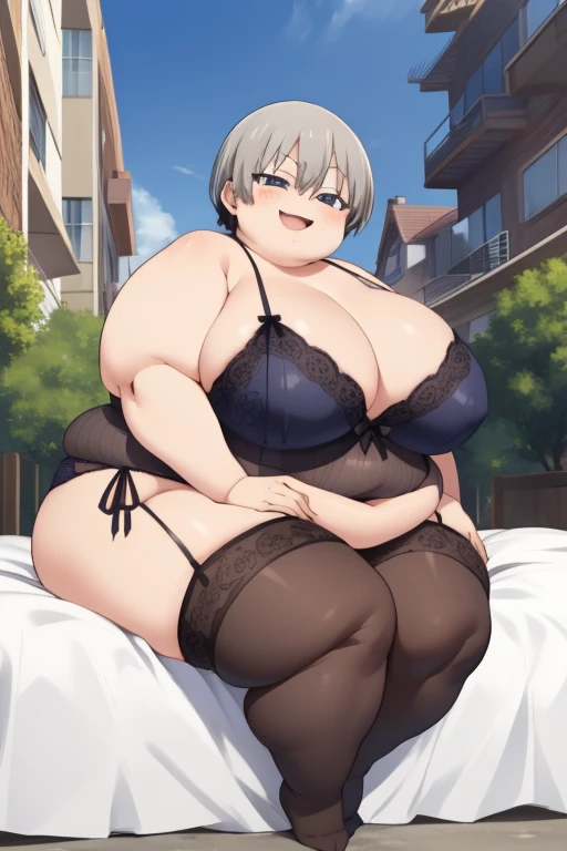 fat uzaki hana,masterpiece,1 girl,solo,(uzakihana:1.1), obese, fat body, big cheeks, extra large breasts, thick thighs, fat butt, (smirk,open mouth:1.3),sitting,on bed,thigh highs,(lingerie:1.2),side-tie panties,outdoors,street,city,(huge breasts:1.4)