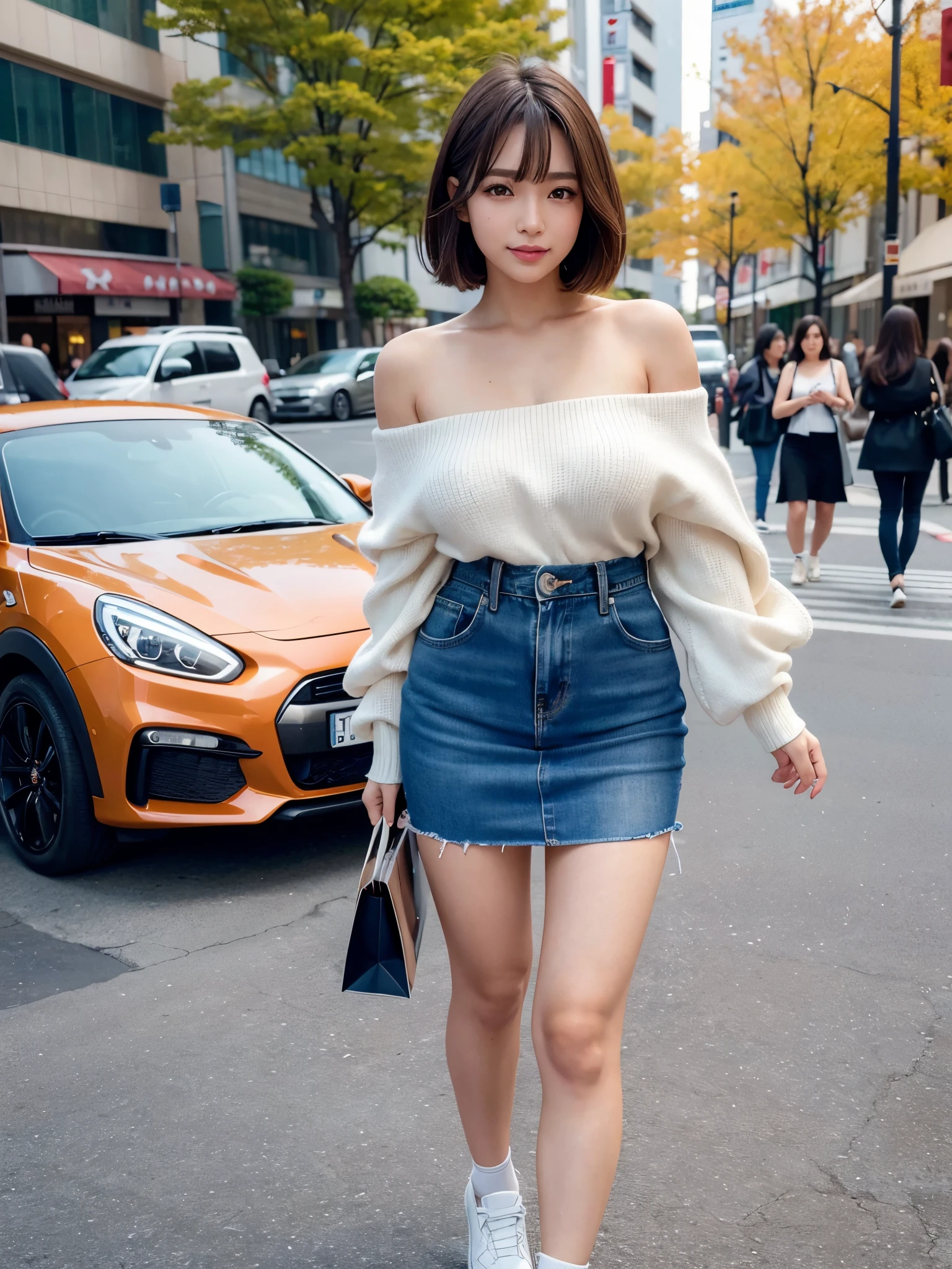 ((masterpiece)), ((best quality)), (ultra-detailed), realistic, real, 1girl, solo, dynamic angle0, looking at viewer, cowboy shot,a Japanese young pretty woman, long bob hair, In the urban streets in autumn, Shopping date with friends, oversized off-the-shoulder sweater and denim mini skirt, casual and relaxed, sneakers or flat shoes for comfort, bag slanted ,glamorous figure, a big smile,((beautiful eyes)), large breast0, hyper cute face, glossy lips, Perfect double eyelids in both eyes, natural makeup, long eyelashes, shiny smooth light brown long bob hair, asymmetrical bangs, shiny skin, central image, high resolution, high detail, insanely detailed,detailed hairstyle, detailed face, spectacular cinematic lighting, octane rendering, vibrant, hyper realistic, perfect limbs, perfect anatomy