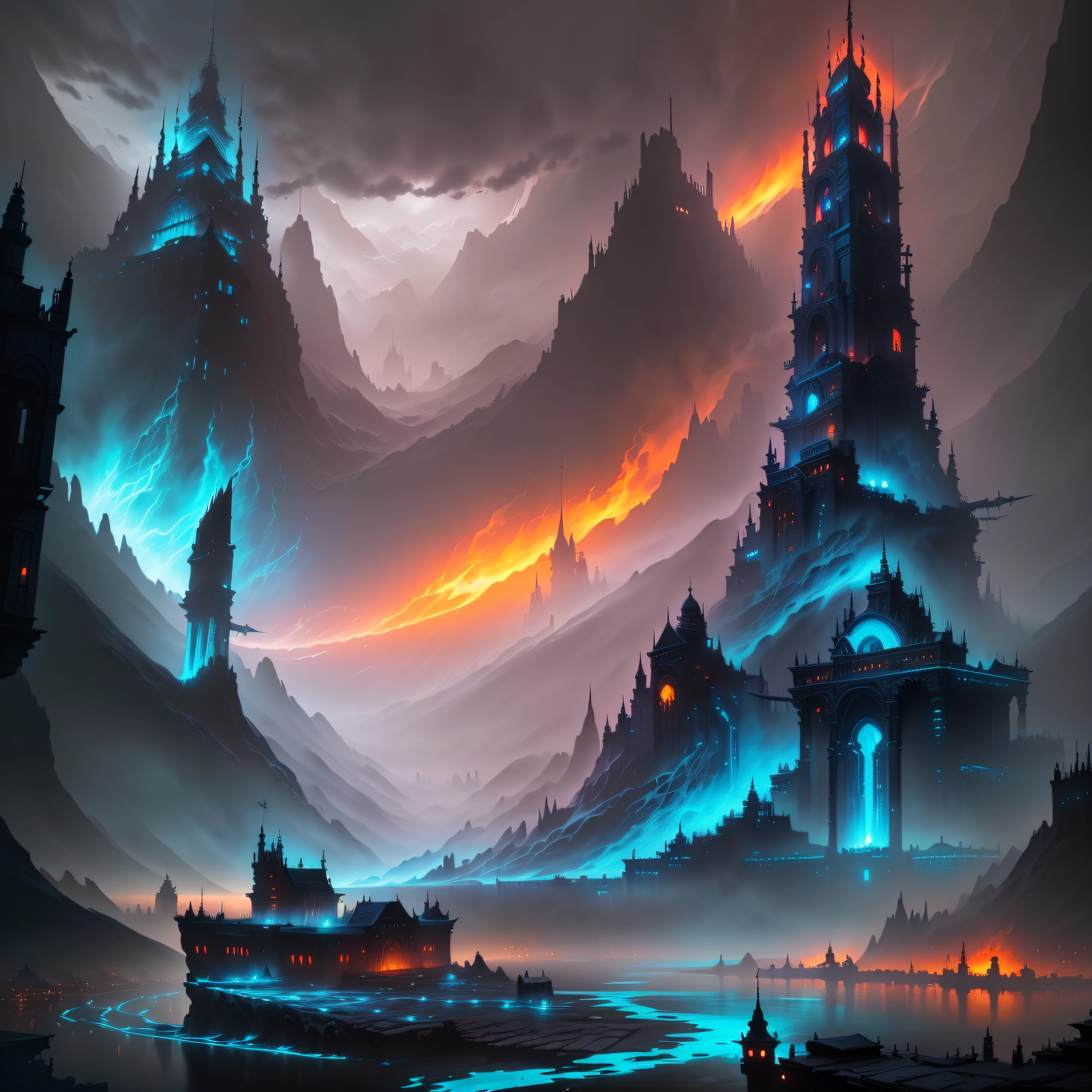 There is a photo of a fantastic city with a river in the middle, inspired by Andreas Rocha, andreas rocha style, Fantasy Epic Digital Art, the style of andreas rocha, epic fantasy digital art style, Dark Fantasy City, an ancient city on fire, 8k stunning artwork, Matt Fantasy Painting, fantasy cityscape, 8k fantasy art, game art matte painting