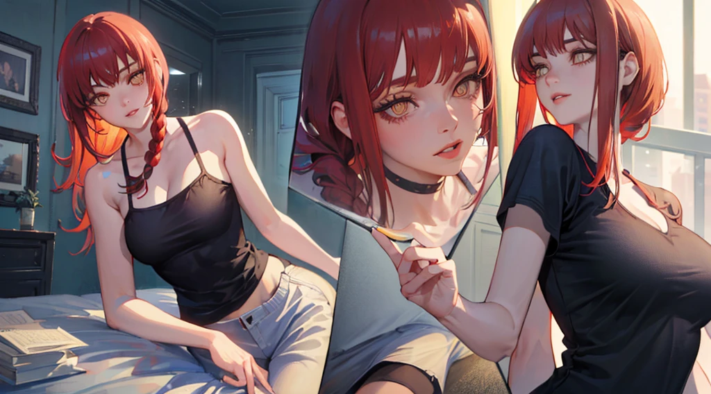 ((Best Quality, 8k, Masterpiece: 1.3)), Beauty, Hide Face, 1 Girl, Beautiful: 1.3, Slender Abs: 1.1, Camisole, Cleavage, (While Sitting on the Bed), Ultra Detailed Face, Highly Detailed Lips, Detailed Eyes, Double Eyelids, Red Hair, Long Braided Hair, Golden Eyes, fill background in office room