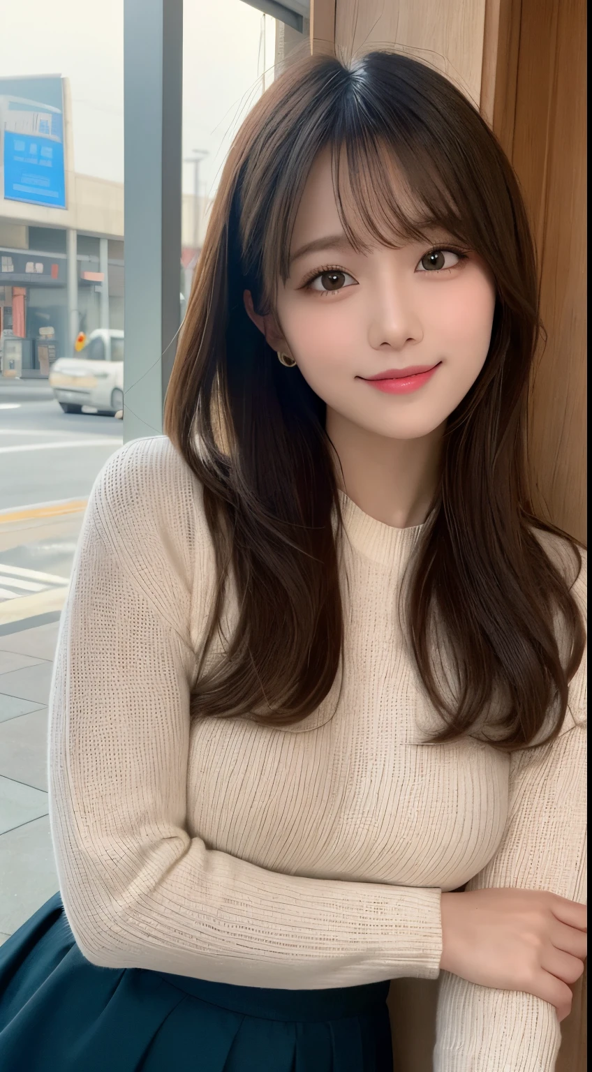 masutepiece, Best Quality, Illustration, Ultra-detailed, finely detail, hight resolution, 8K Wallpaper, Perfect dynamic composition, Beautiful detailed eyes, long sleeve knit and long skirt,Medium Hair,Small breasts natural color lip, Randomly sexy poses,Smile,Asakusa、20 years girl、Cute、Sexy shot looking at camera