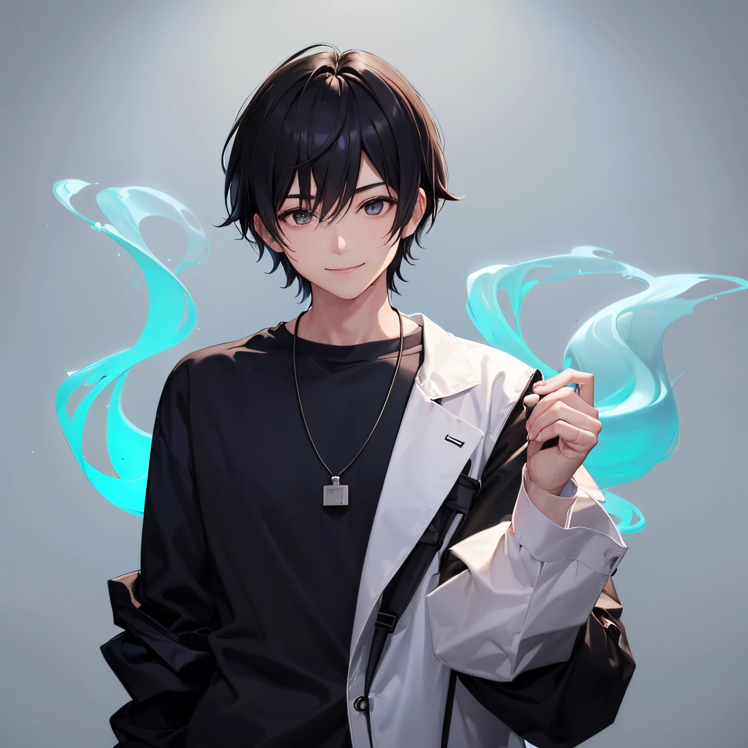 One guy、drug、flask、The upper part of the body、high-level image quality、murky、The Darkness、Missing highlights、Dark hair、ember、delicate illustration、Looking here、simple background、Suspicious smile、A smile、wearing lab coat、Black sweater、No effect、Have a test tube、An ultra-high picture quality