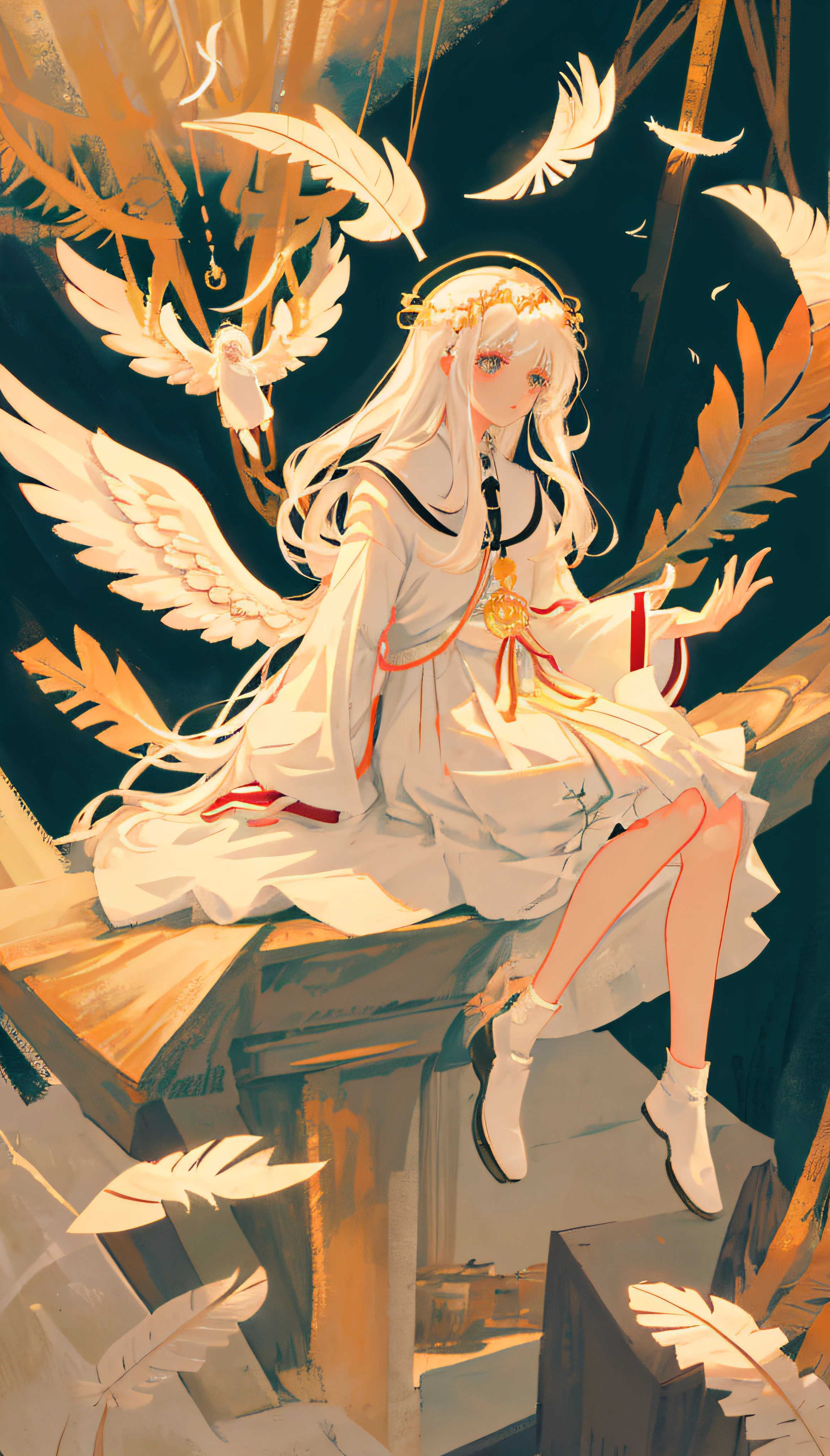 masutepiece,Best Quality,Super delicate,Two hands,2 legs,Five Fingers,1 girl,White long hair,White-eyed,Philosophical,Angel wings,Circle of Angels,Say a Prayer,Feathers flutter around the perimeter,sacred place,Sit up,1 piece of white cloth