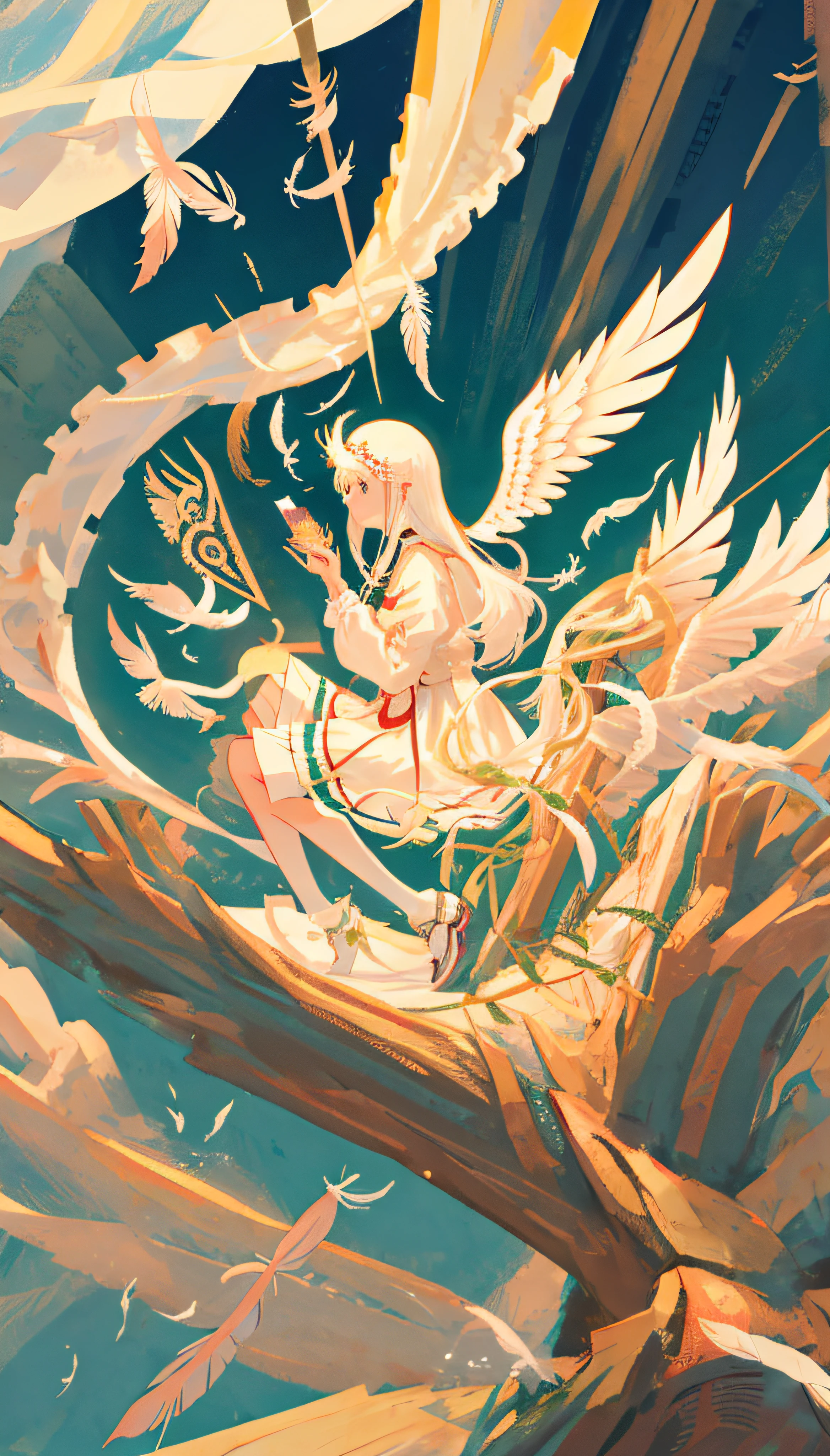 masutepiece,Best Quality,Super delicate,Two hands,2 legs,Five Fingers,1 girl,White long hair,White-eyed,Philosophical,Angel wings,Circle of Angels,Say a Prayer,Feathers flutter around the perimeter,sacred place,Sit up,1 piece of white cloth