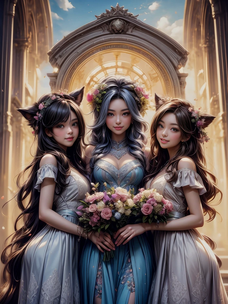 Three girl graduates wearing caps and gowns, smiling happily together for a group photo, holding a bouquet of flowers, the background of the sky, the scene of the school, in Temmie Chang's style, warm tones, animation, oil painting, Fernando Amosolo, lovely and colorful, long and deep distance, high detail, high quality --niji 5