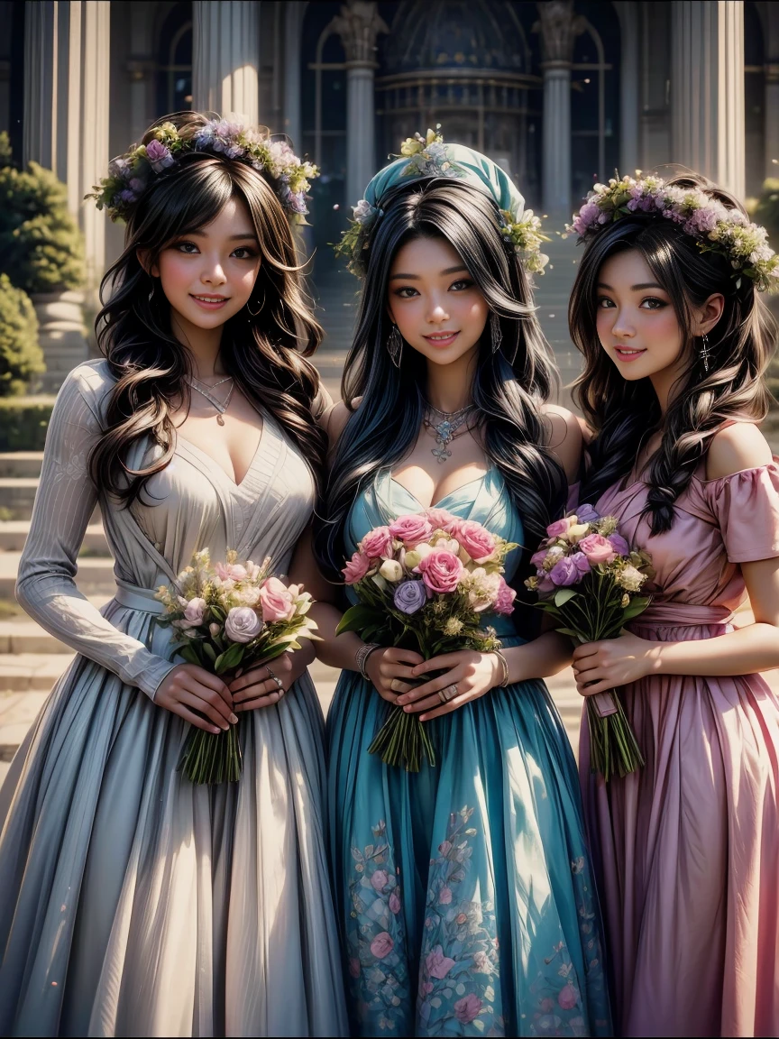 Three girl graduates wearing caps and gowns, smiling happily together for a group photo, holding a bouquet of flowers, the background of the sky, the scene of the school, in Temmie Chang's style, warm tones, animation, oil painting, Fernando Amosolo, lovely and colorful, long and deep distance, high detail, high quality --niji 5