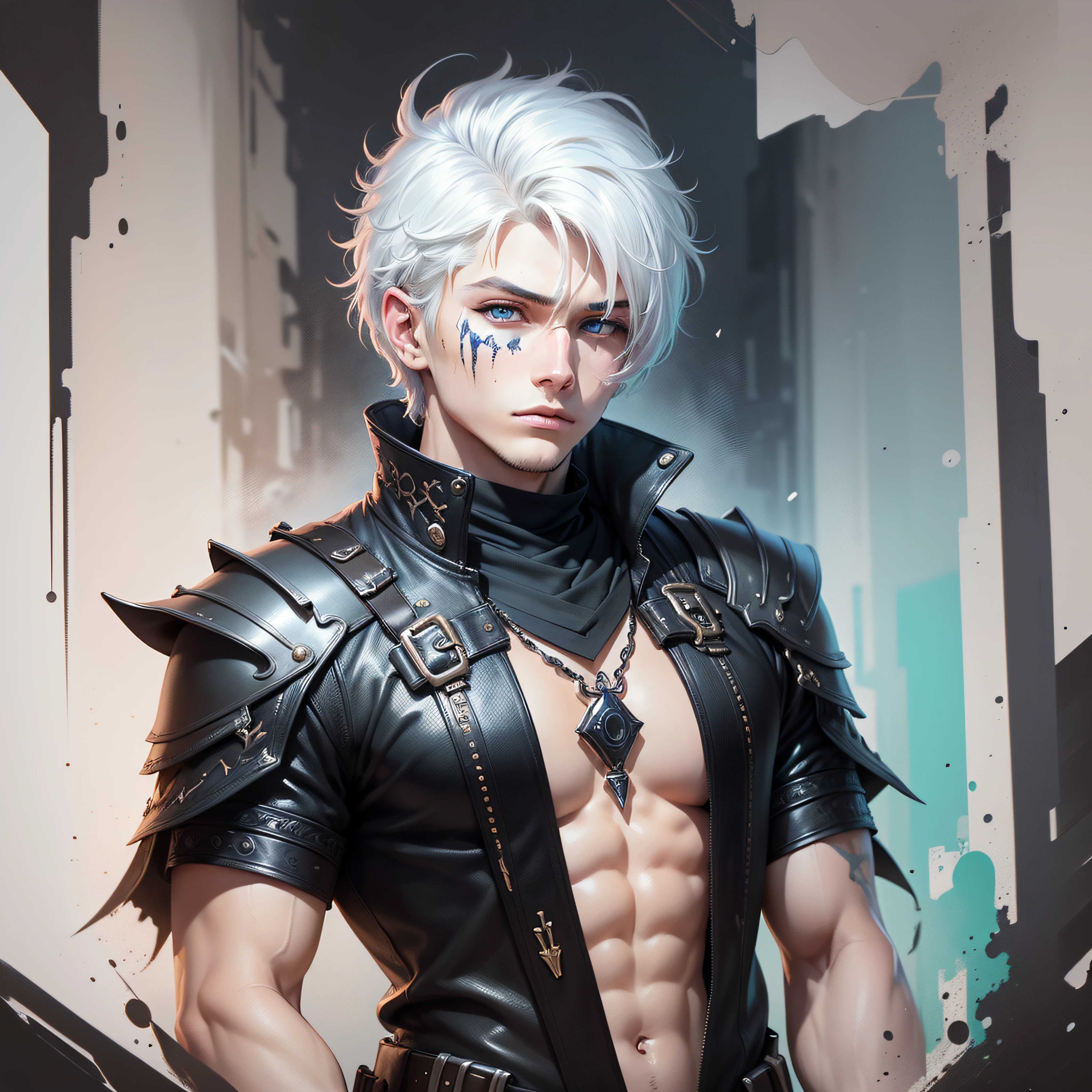 male cyberpunk, Fantasy World, Dark background, Clean design, epic instagram, art  stations, colorful ink splashes, silhuette, hyper detailed intricate details, Unreal Engine, Fantasy, Intricate details, home screen, Complementary color scheme, Fantasy concept art, 8K resolution, deviantart masterpiece, Oil Painting, heavy strokes, ink drips, (Isolated on white background: 1.3), Rainbow skin, (((cute young man))),  ((Teen: 1.5) ), (Blue eyes ), ((Clear eyes)), ((((short white hair: 1.1)))), ((Black clothes)), (Prince\\(indifferent expression\\),(((Wears luxurious black tunic with high details))), White hair, Ice Magic, ((Chest) --v 6