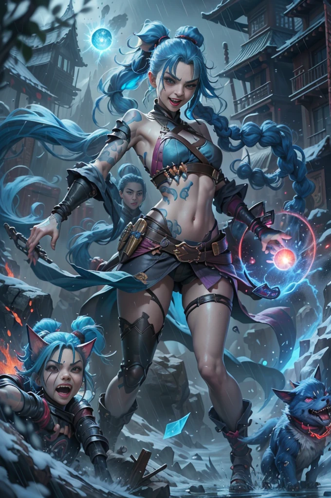 (Long-range shooting: 1.5), jinx \(league of legends\), (1girl，League of Legends Jinx)，(Scarlet eyes: 1.2, crazy laughter, Blue double ponytail hair: 1.5)，Kungfu，Wearing Doctor Strange costume，(Holding a particle laser cannon in hand，a revolver)，Aoshu crystal, Attack status，(Snowy mountain woods，surrounded by rain，League of Legends Game World)，Illustration style，The whole body is exposed to the rain for a long time，(exquisite facial features，Perfect hand features)，martial arts style，(Selective focusing，full body shot of，tmasterpiece，ultra - detailed，Epic work，highest  quality，8k，panorama, first-person view, atmospheric perspective, UHD, masterpiece, ccurate, anatomically correct, textured skin, high details, award winning, best quality)