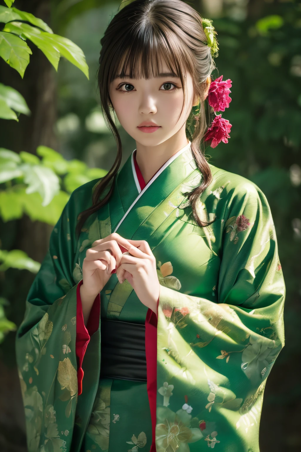 (((Green world:1.3)))、Best Quality, masutepiece, High resolution, (((1girl in))), sixteen years old,(((Eyes are green:1.3)))、Yamato Nadeshiko wears kimono beautifully、((Deep green kimono with red floral pattern,dark colored kimono)), Tindall Effect, Realistic, Shadow Studio,Ultramarine Lighting, dual-tone lighting, (High Detail Skins: 1.2)、Pale colored lighting、Dark lighting、 Digital SLR, Photo, High resolution, 4K, 8K, Background blur,Fade out beautifully、Green world