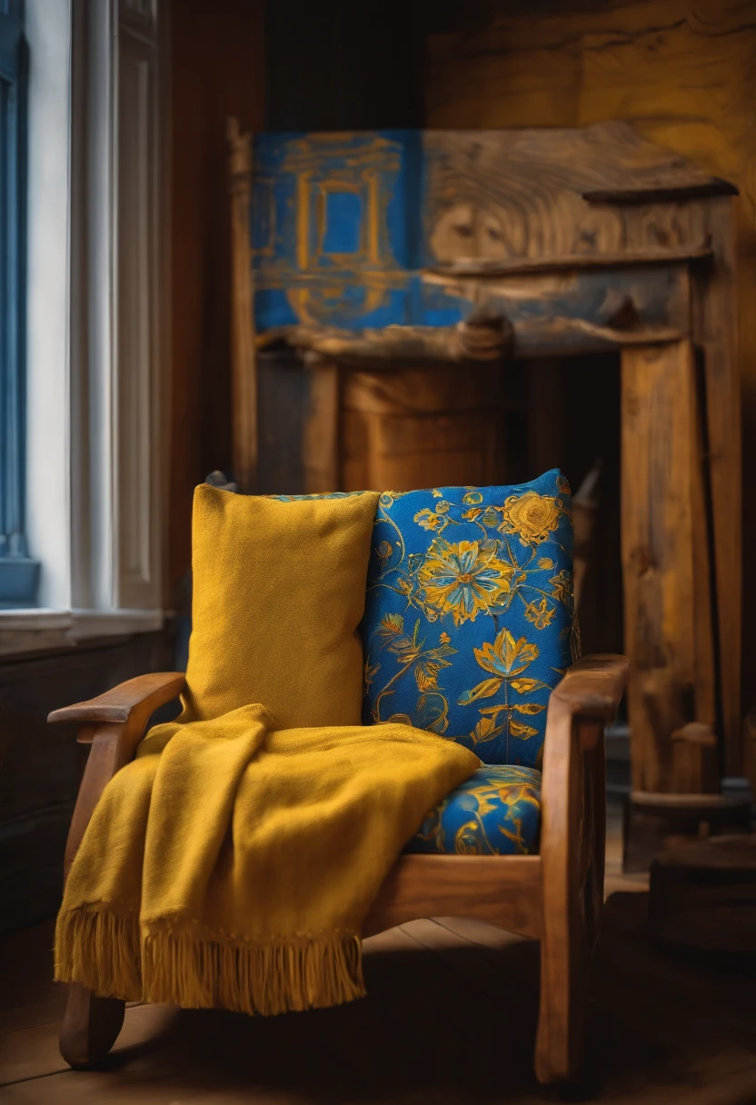 An image of the character painting a beautiful design on a wooden chair, with colorful patterns and shapes coming to life.,original,Very swedish! Blue and yellow. Absolutely Scandinavian. Very hot. Very beautiful.