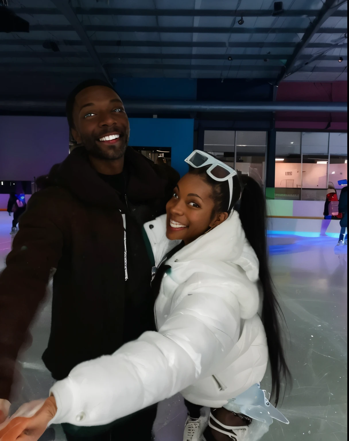 there is a man and woman standing on a skating rink, having a great time, cold as ice! 🧊, everyone having fun, taken in 2 0 2 0, profile picture, icy, looking happy, taken in the early 2020s, facebook post, profile pic, walking on ice, 2 0 2 2 photo, smooth in _ the background
