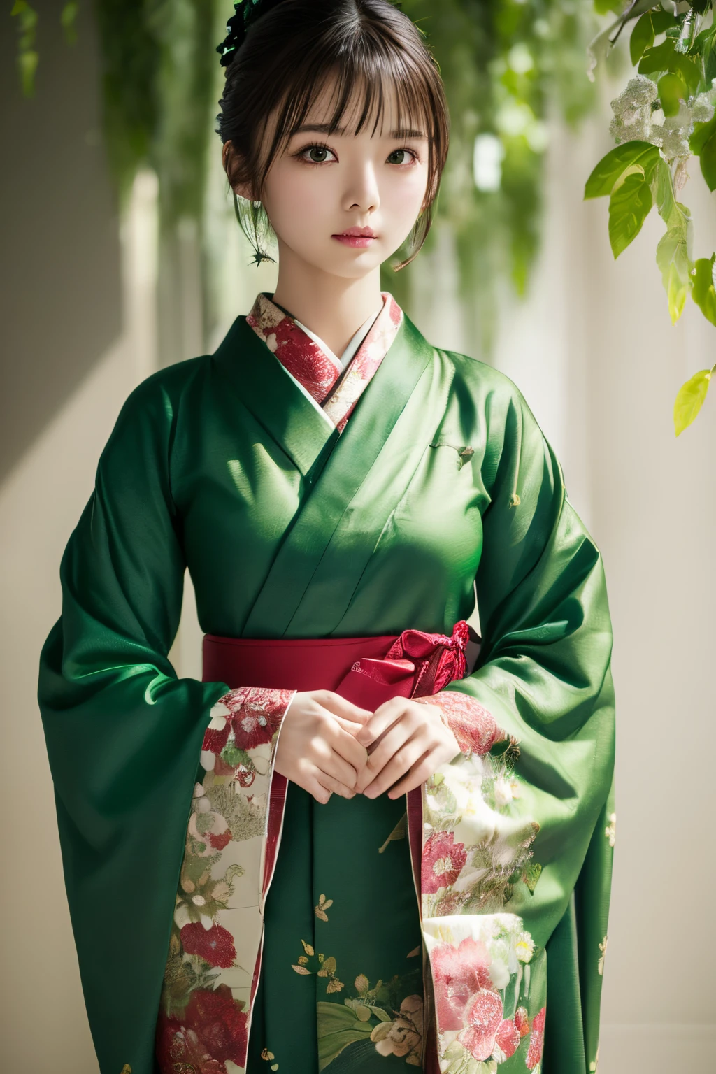 (((Green world:1.3)))、Best Quality, masutepiece, High resolution, (((1girl in))), sixteen years old,(((Eyes are green:1.3)))、Yamato Nadeshiko wears kimono beautifully、((Deep green kimono with red floral pattern,dark colored kimono)), Tindall Effect, Realistic, Shadow Studio,Ultramarine Lighting, dual-tone lighting, (High Detail Skins: 1.2)、Pale colored lighting、Dark lighting、 Digital SLR, Photo, High resolution, 4K, 8K, Background blur,Fade out beautifully、Green world