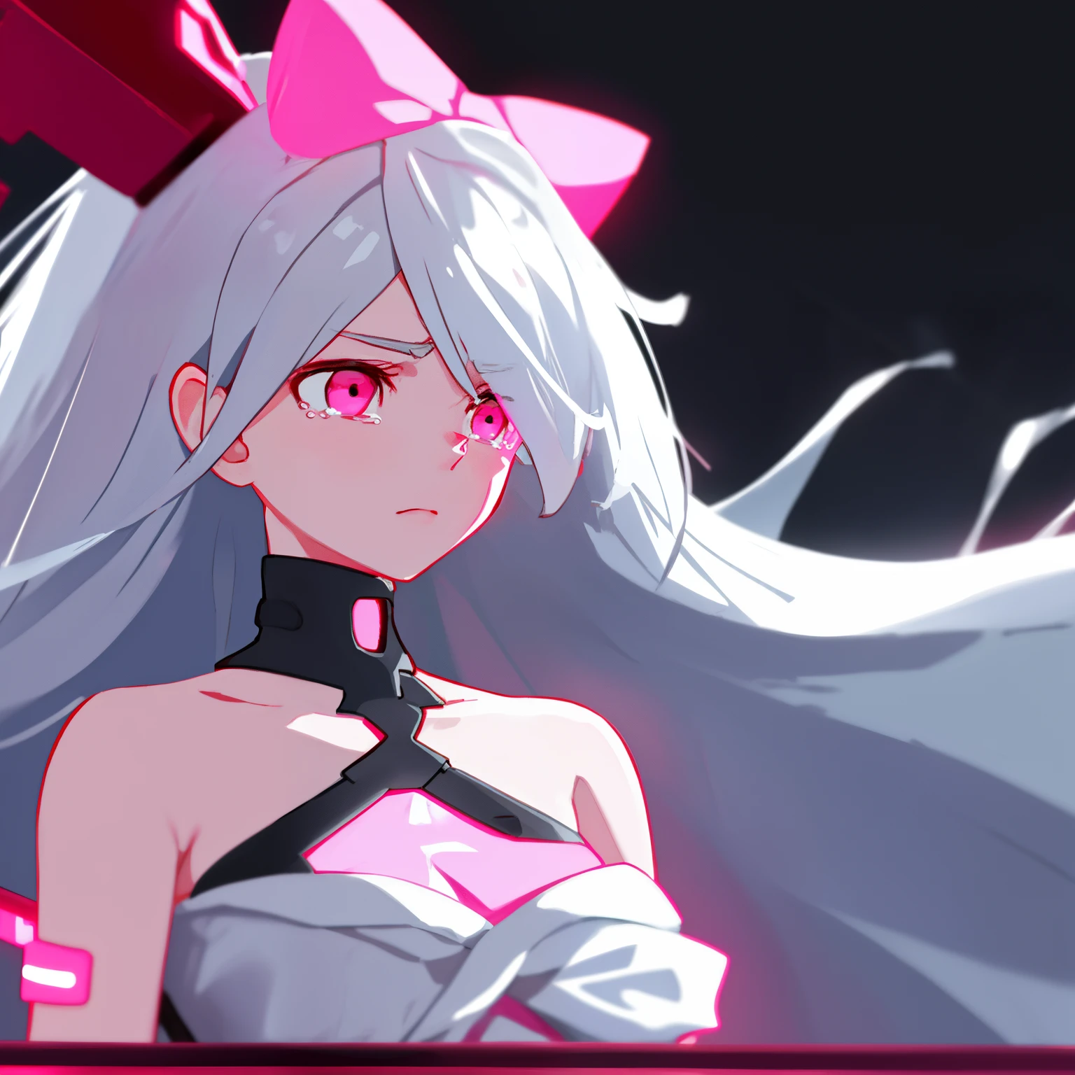 sinestrea, 1girl, solo, grey hair, bare shoulders, sleeveless white dress, frown hair bow, hair over one eye, one eye covered, long hair, medium breasts, red bow, red eyes, expressionless, blade runner 2049, rain, ((pink neon lights)), (from side, looking up:1.2), blurry background, goslingposting, crying, letterboxed, glowing, pink lighting, bridge, movie reference, scenery, profile