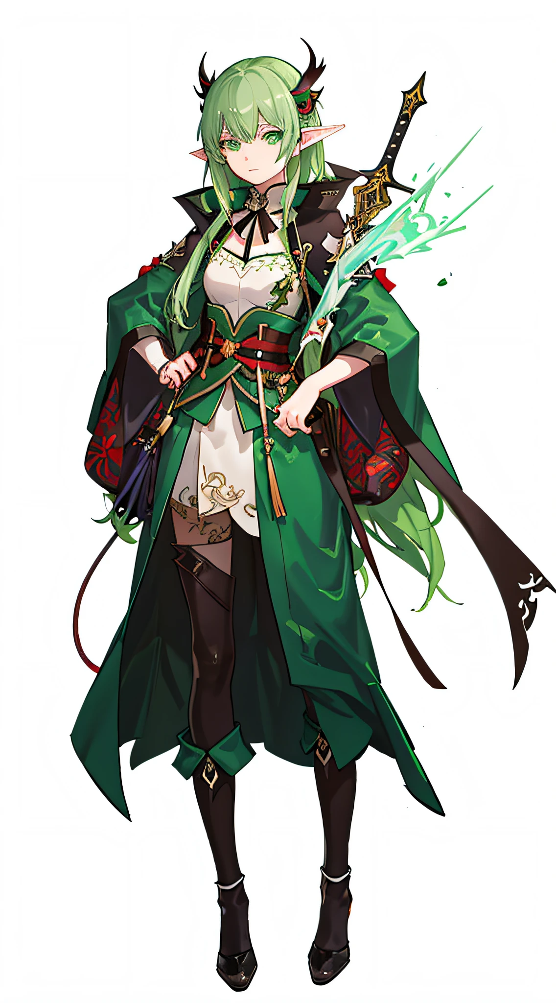 Close-up of a man wearing green clothes and wings, Demon Slayer: Rui fan art, character design contest winner, demon slayer artstyle, Great character design, character full body portrait, Highly detailed character design, Elf girl in floral suit, character artwork, onmyoji detailed art, botw style, character design art, Portrait of a forest mage, female earth mage
